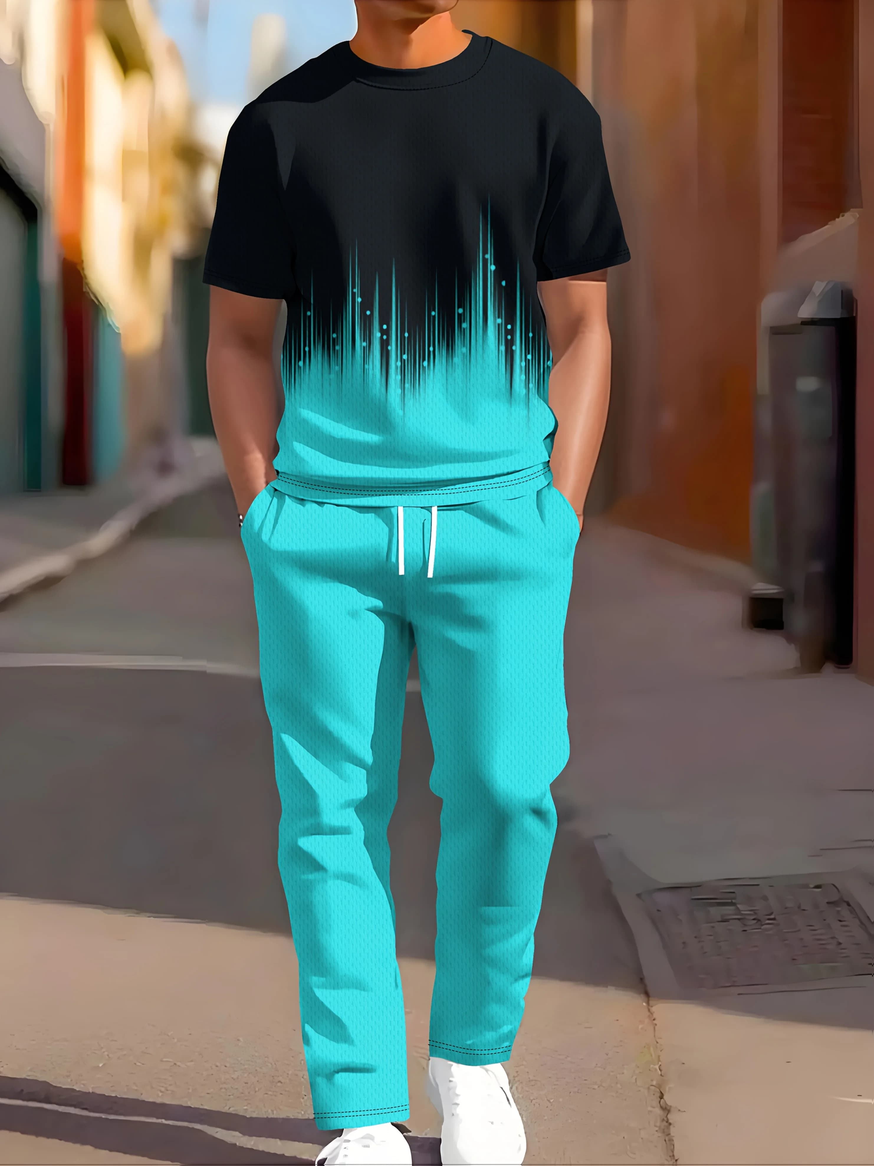2025 Set di pantaloni t-shirt girocollo comodi e traspiranti stampati sfumati estivi da uomo semplici Set di due pezzi casual da esterno