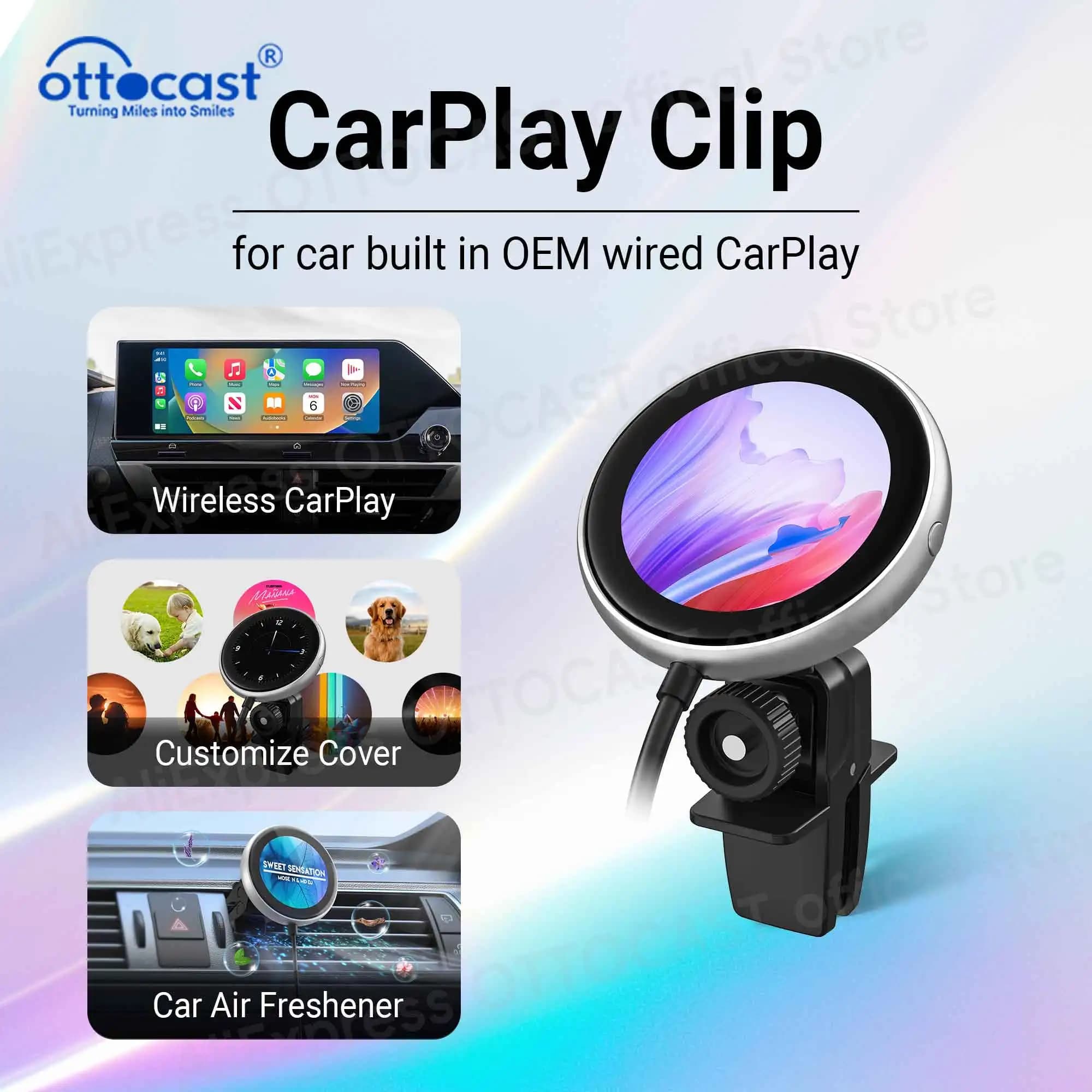 Ottocast 2024 CarPlay Clip Adattatore CarPlay Wireless con Cornice per Foto Digitale Intelligente Diffusore per Auto Accessori Auto Multifunzione