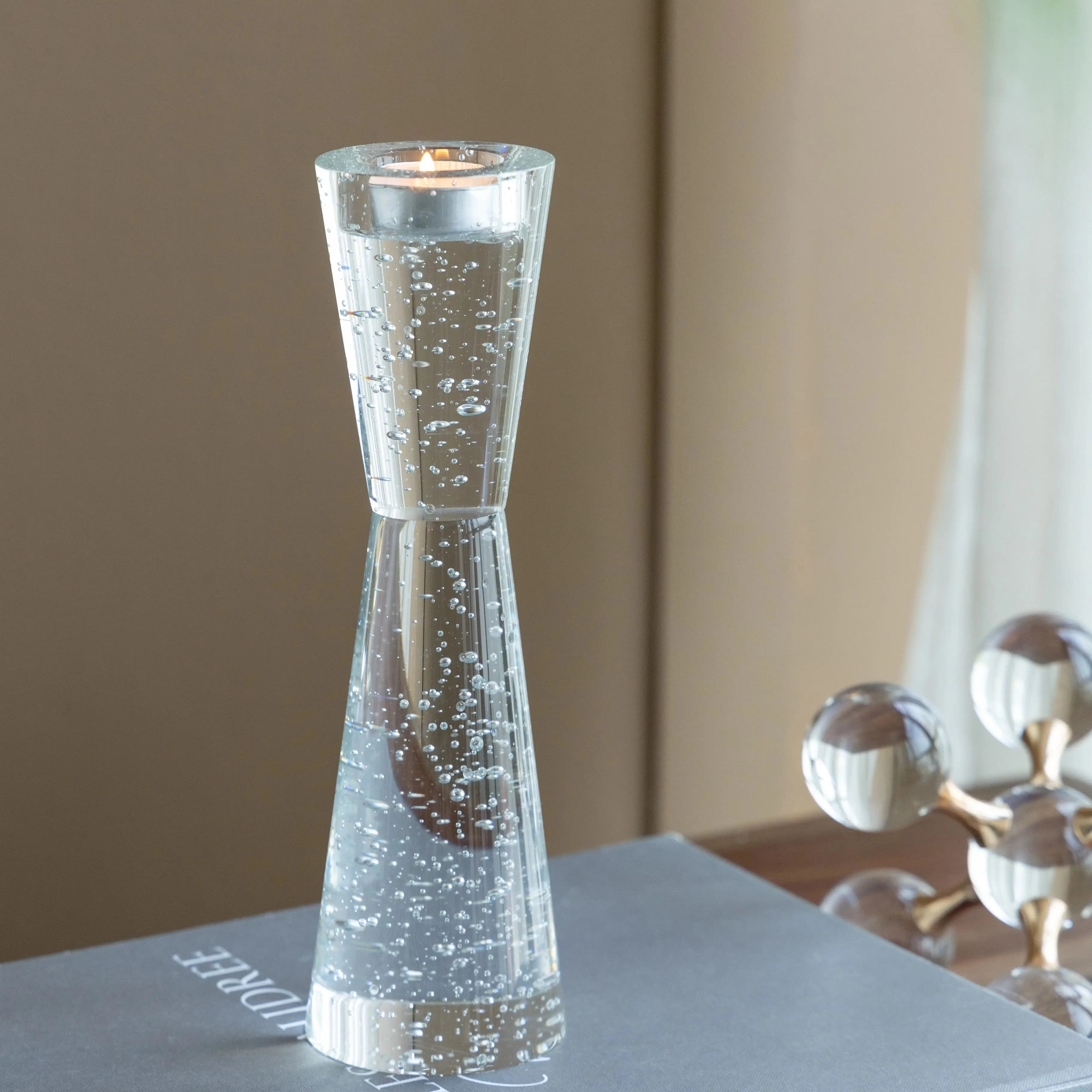 Bubble Glass Candle Holder 26,5 cm – Transparent Glass Column Candle Holder, Contemporary Table Decoration