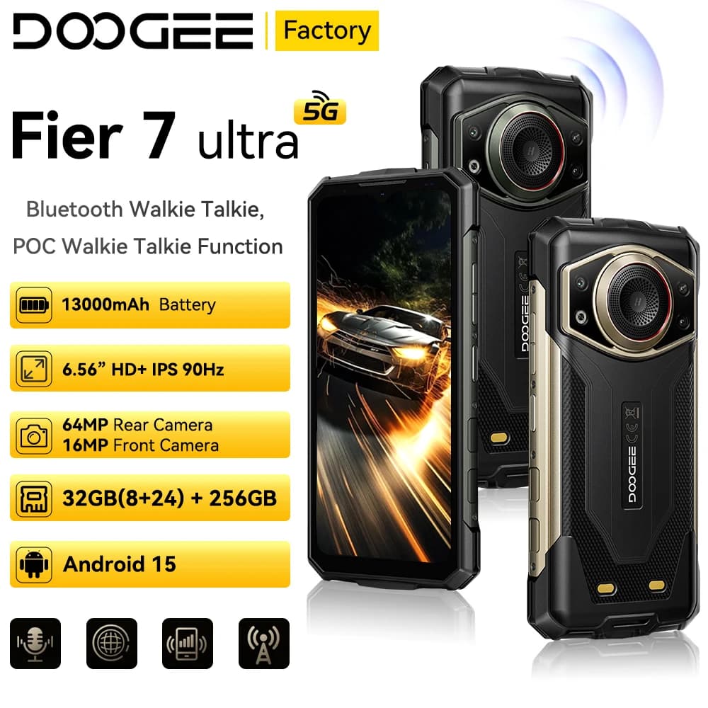 Anteprima mondiale del telefono ultra robusto Doogee Fire 7, schermo IPS da 6,6", smartphone Octa-Core da 64 MP, 5G, 32 GB + 256 GB, 13000 mAh, Android 15, NFC