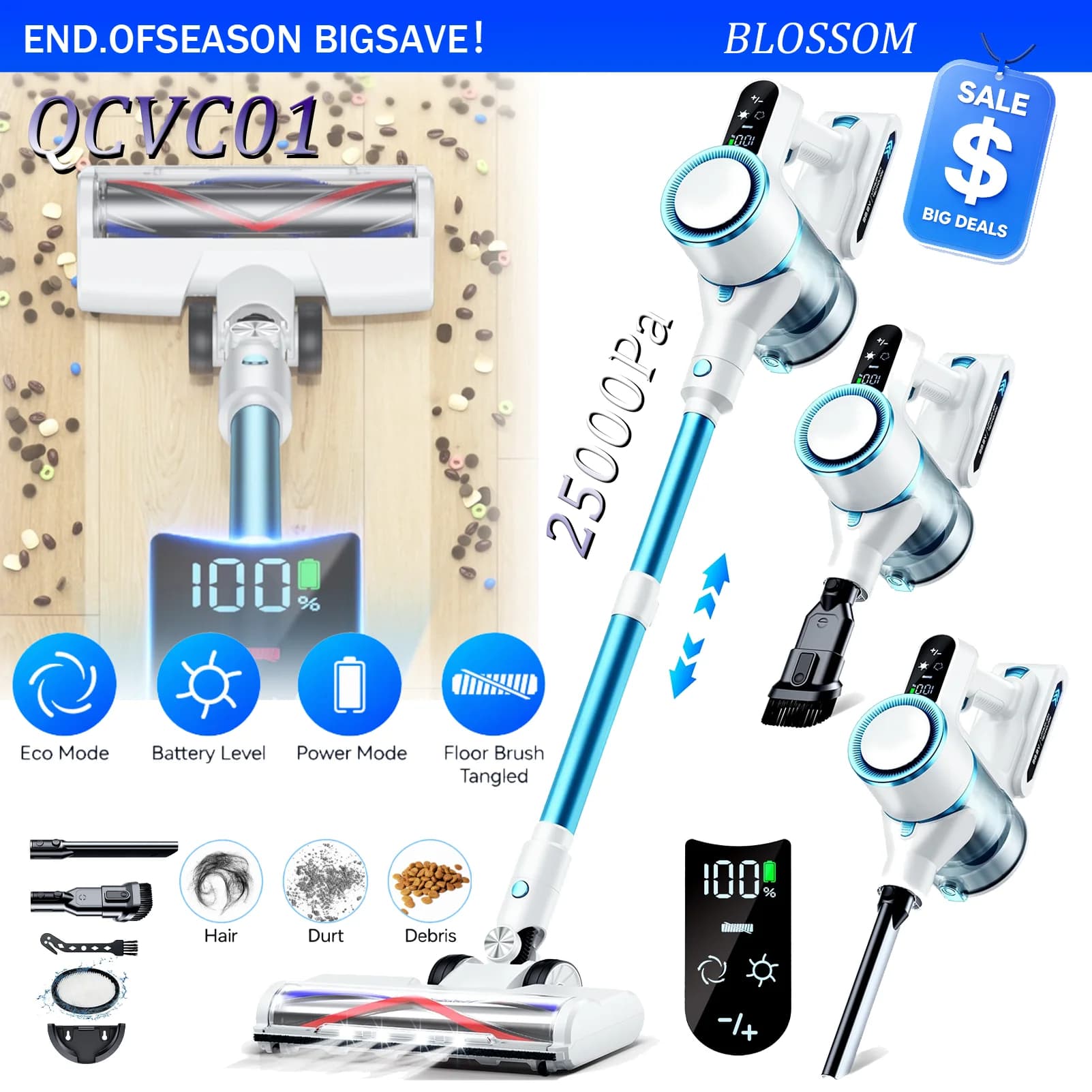 Blossom QCVC01 4‑in‑1 Cordless Stick Vacuum Cleaner,25kPa Powerful Suction Wireless Handheld Vacuum,Multi‑Purpose Lightweight Vacuum for Home Pet Hair Hard Floor Carpet Sofa Car Deep Cleaning