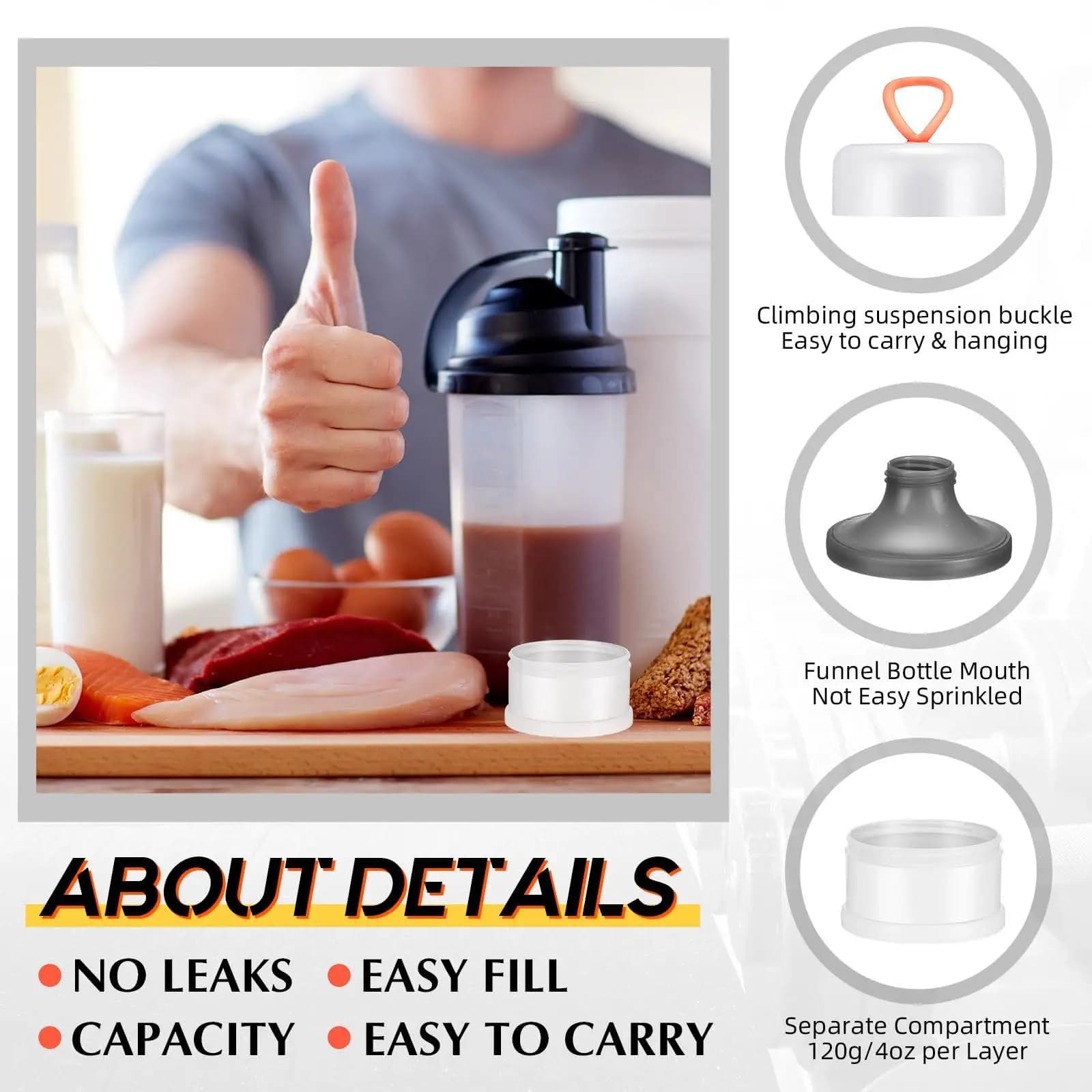 Contenitori per proteine da 2 pezzi Barattoli per la conservazione degli alimenti per allenamento Sport Palestra Shaker Bottiglia Preparazione dei pasti Accessori da cucina