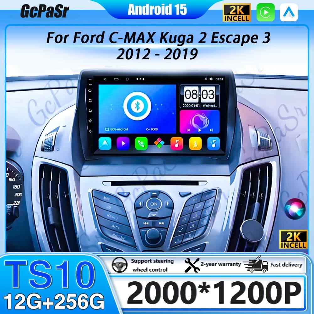 For Ford C-MAX Kuga 2 Escape 3 2012 - 2019 Android 15 Autoradio Video player Navigation Carplay Auto BT 2DIN DVD 5G