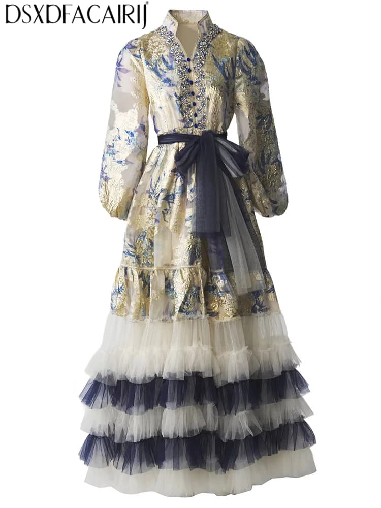 DSFACAIRIJ Women's Vintage V-Neck Lantern Sleeve Print gold stamping Diamonds Sashes Spring Autumnal exquisite Maxi Dresses