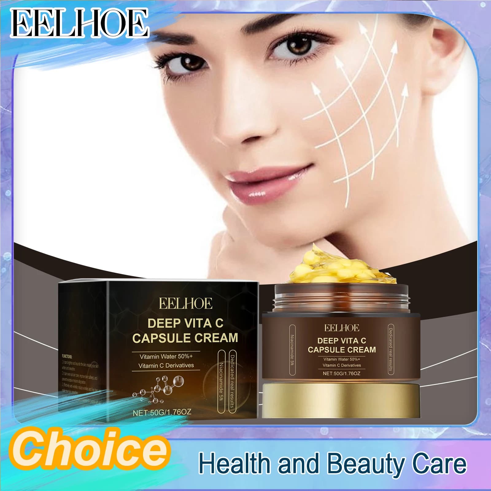 EELHOE Hydrating Cream with Vitamin C Capsules, Removes Macchie Scure and Pigmentation, Uniforms Skin Tone, Not Unta, Nutrition and Hydrating, 50g