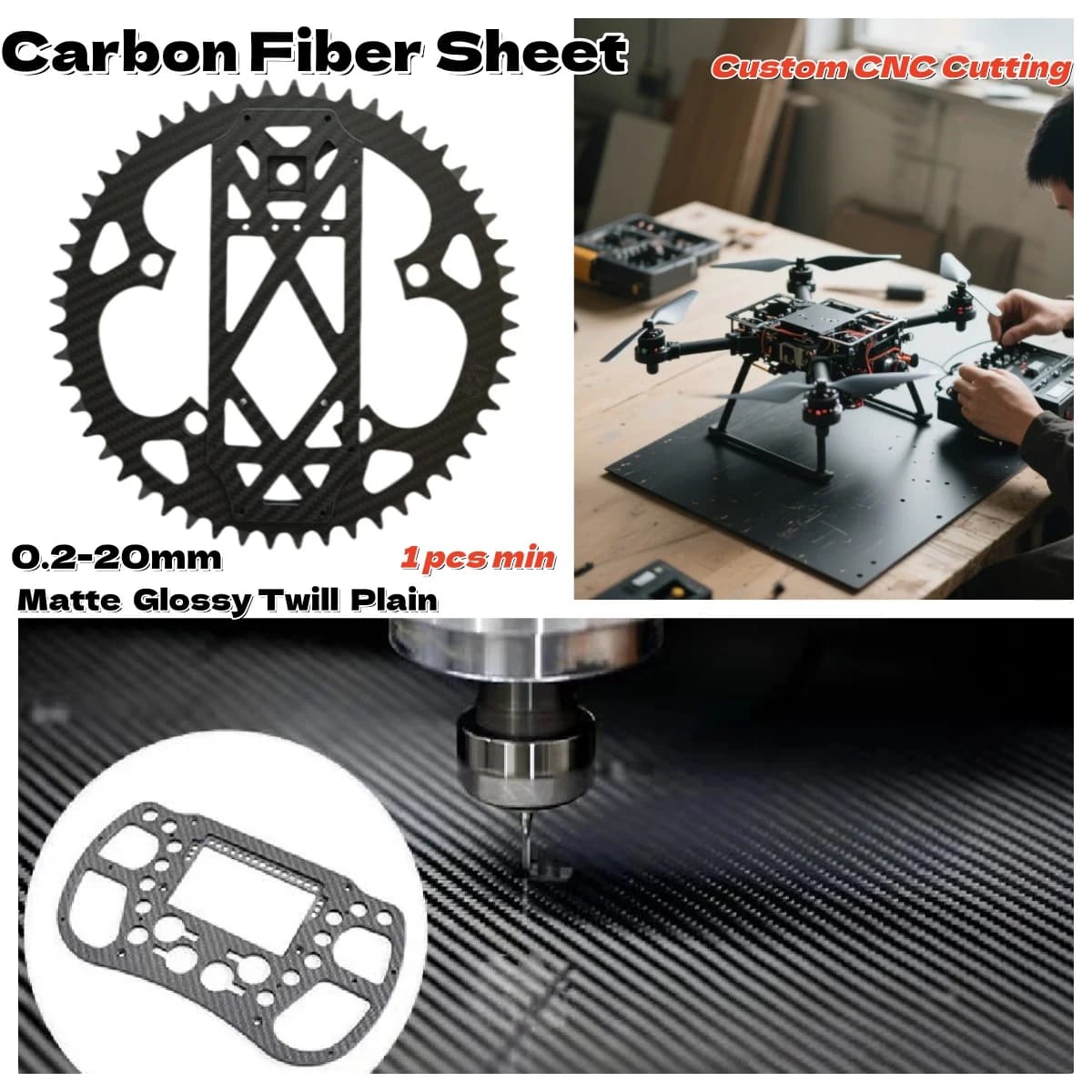 Customized Carbon Fiber Sheet Cutting Carbon Plate Process CNC Machining Panels Drone Card Prototype RC Robot steering wheel