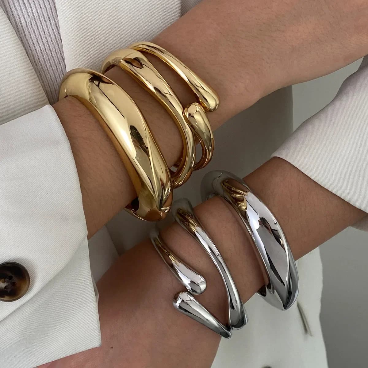 Gold Silver Dual Color Punk Geometric Spring Cuff Bangles for Men Women, 3 Styles Retro Hip Hop Metal Wrist Bracelets, Trendy Adjustable Jewelry for Daily Club Casual Wear Bulk Wholesale