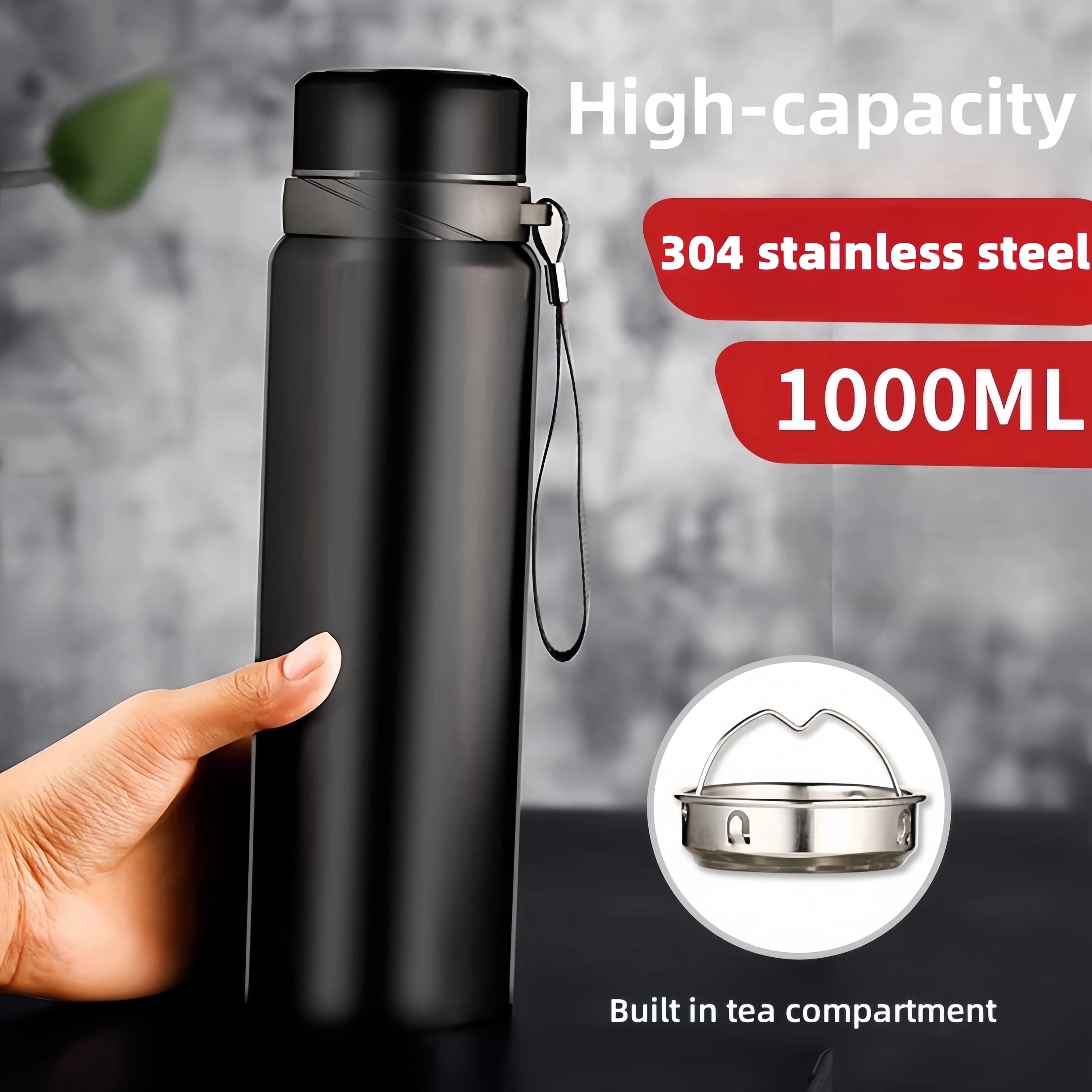 1000ml stainless steel insulated water bottle, keeps hot or cold drinks for hours with lid smart glasses for water cups