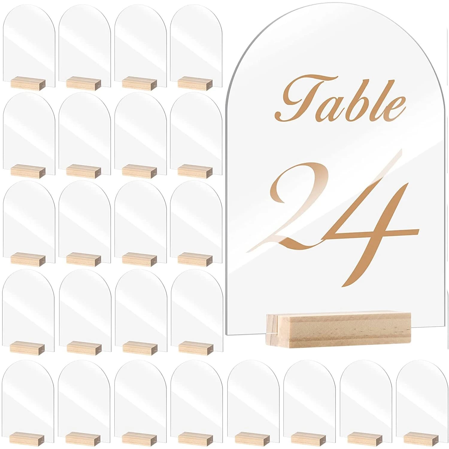 10/20/30/50PCS Set di insegne acriliche ad arco foglio ad arco trasparente vuoto con supporto per segnaposto in legno decorazioni da tavola per la festa di nozze