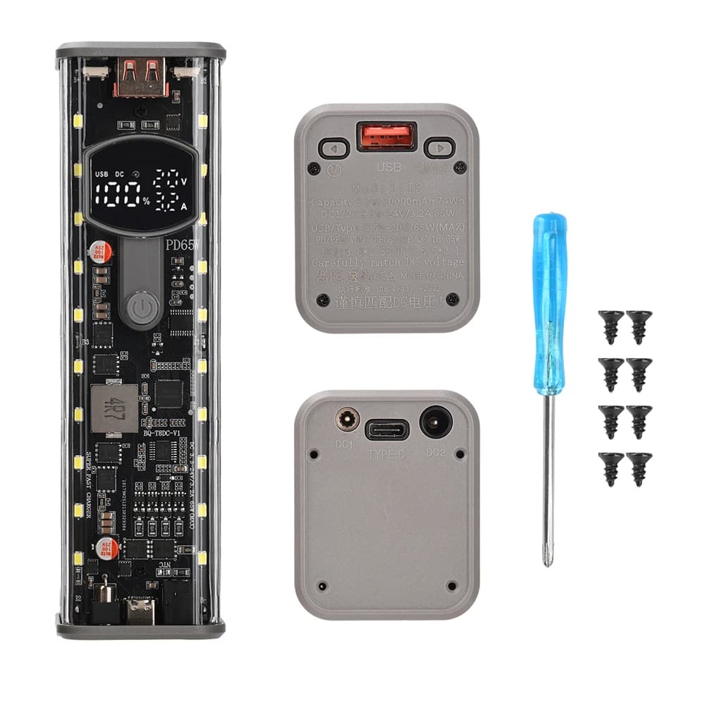 8*18650 DIY Power Bank Case PD 65W Fast Charging With LED Screen Battery Level Display Welding Free Battery Holde