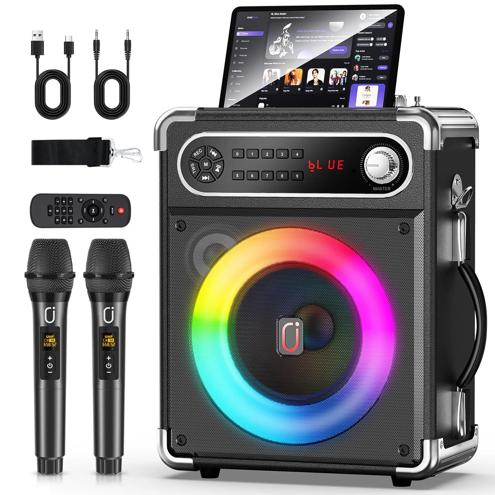 Karaoke Machine with 2 Wireless Microphones,Portable Bluetooth Speaker with Bass/Treble Adjustment,PA System with Remote Control