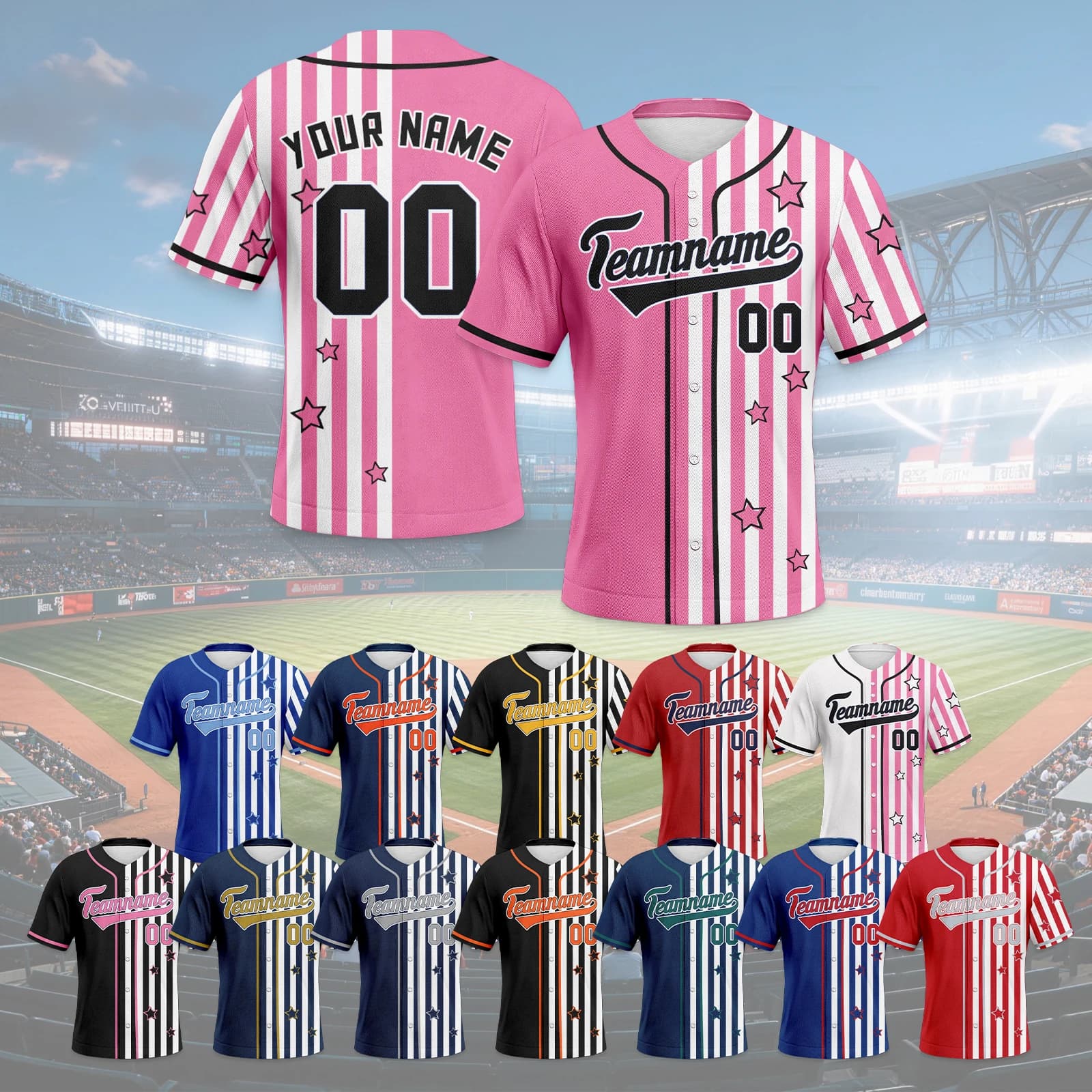 Maglia da baseball rosa personalizzata con nome e numero, stampa a strisce e stelle, camicia sportiva con bottoni, uniforme per squadre maschili, femminili e giovanili