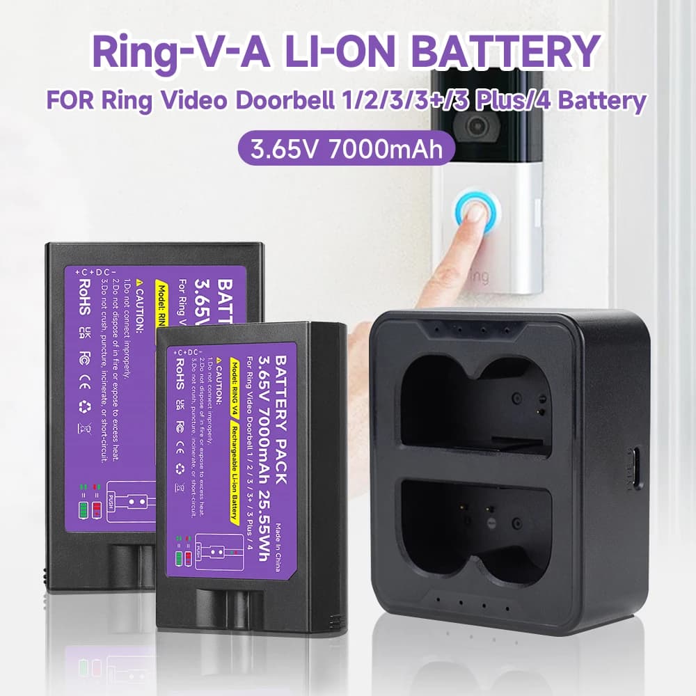 Batteria ricaricabile da 7000 mAh per Ring Video Doorbell, batteria agli ioni di litio da 3,65 V + caricatore LED per Ring Video Doorbell 1/2/3/3+/3 Plus/4
