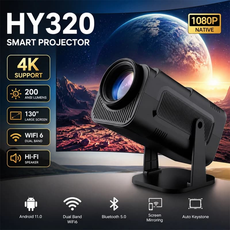 Nuovo Proiettore HY320 | Proiettore Android 11 4K Nativo 720P 290 ANSI Lumen Dual Wi-Fi 6 BT 5.0 1920*720P Cinema Portatile