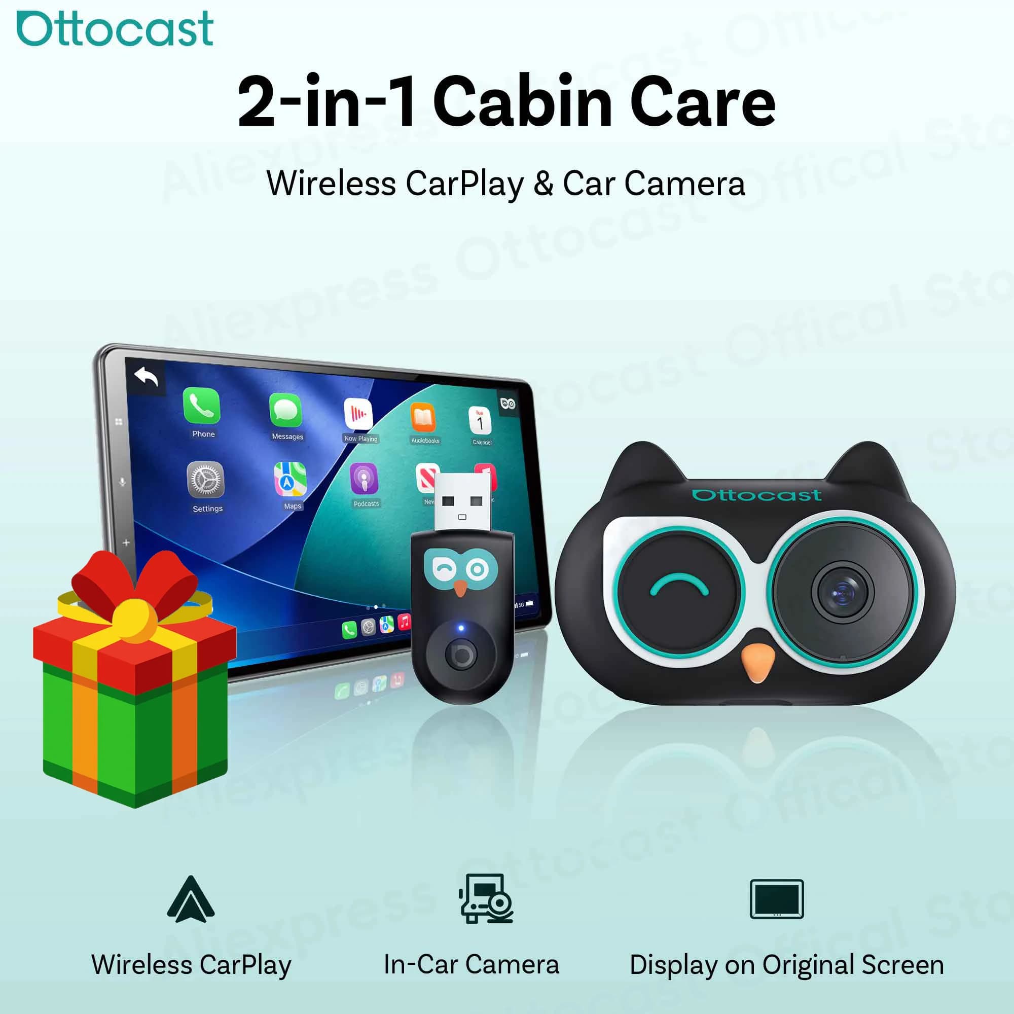Ottocast 2 in 1 Cabin Care Wireless CarPlay Adattatore Fotocamera per Pet Baby Kid per iPhone Accessori per auto Regalo di Capodanno per la famiglia