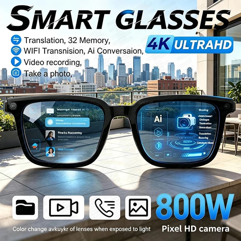 Nuovi Occhiali Smart 2026 con Fotocamera 4K HD da 800W, Audio Wireless, Occhiali da Sole Uomo/Donna con Funzioni Foto e Video, Traduzione AI e ChatGPT