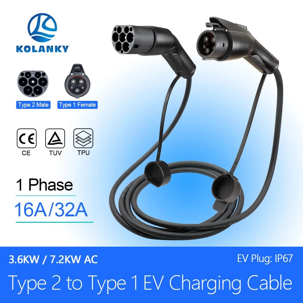 EV Kolanky 32A 7.2KW Type2 to Type1 charging cable for 3.5/4M electric cars Use public charging stations