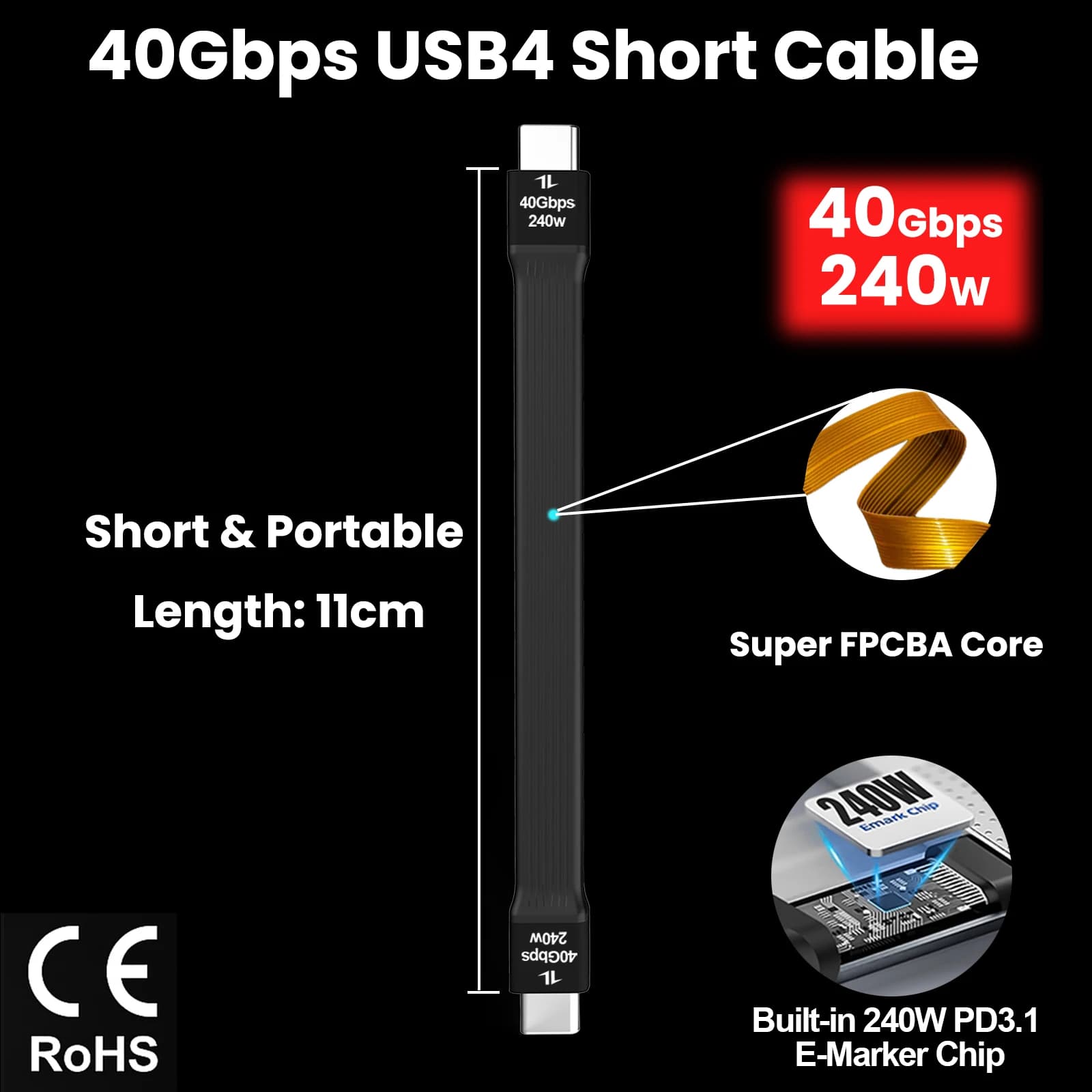 Cavo corto USB4 da 40 Gbps Cavo dati video 8K con design piatto PD3.1 FPCB da 240 W per MacBook Pro Air iPad Pro Docking SSD esterno