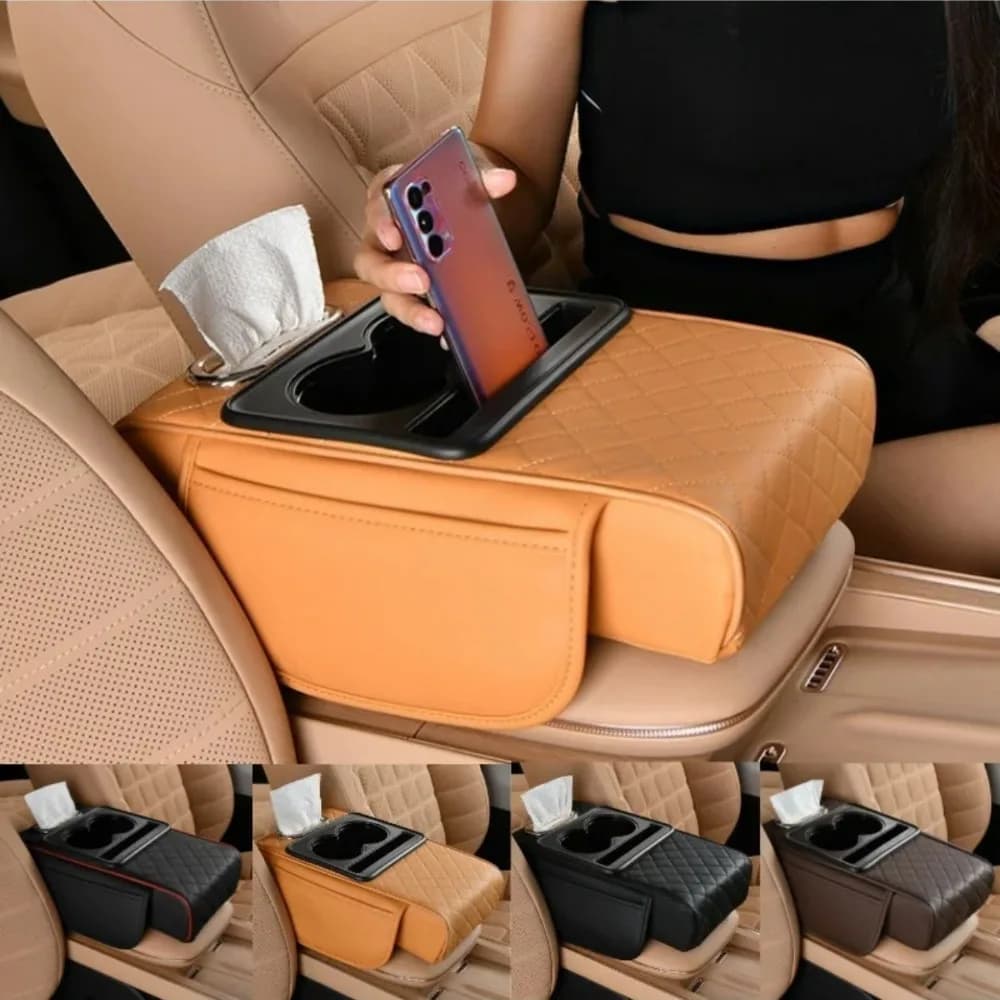 PU Leather Car Armrest Covers with Handkerchief Door, Glass Door, Phone Holder, Foam Organizer Console, Protective Bearing and Lifting