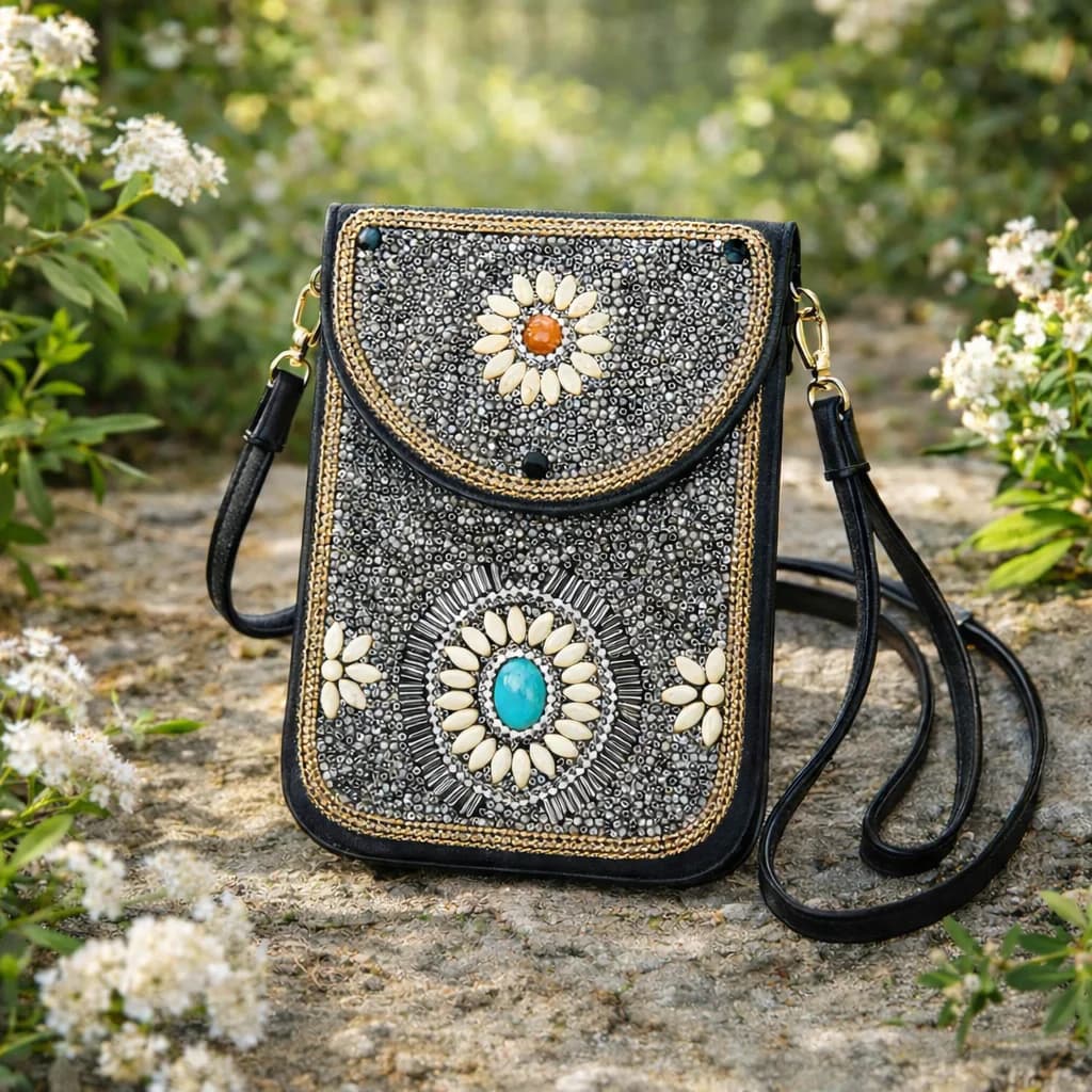 Borsa a Tracolla con Perline per Telefono, Pochette in Pelle per Cellulare, Portafoglio Boho Fatto a Mano, Mini Borsa per iPhone