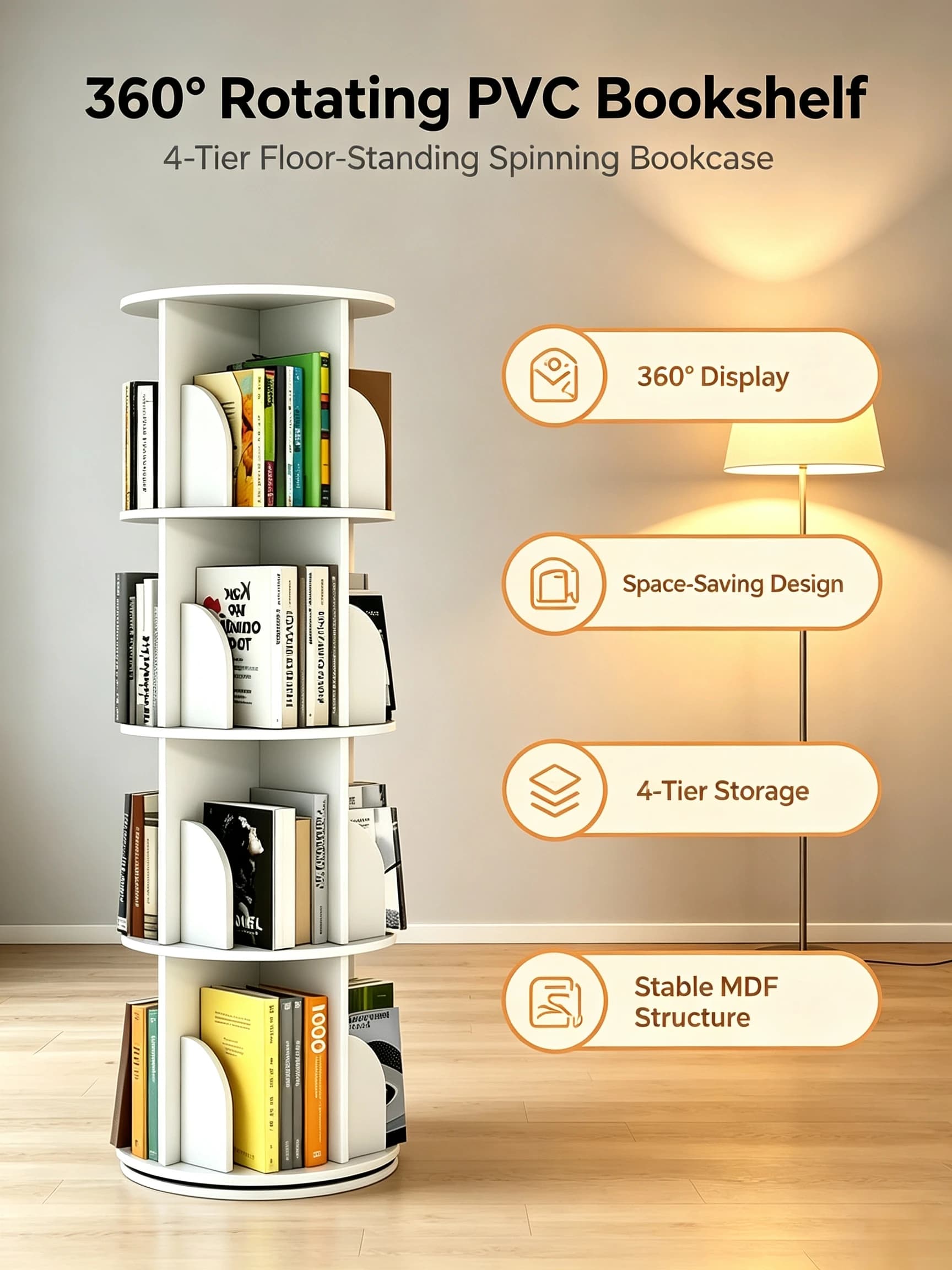 360° Rotating PVC Bookshelf, 4‑Tier Floor‑Standing Spinning Bookcase, Narrow Revolving Book Storage Organizer, Space‑Shelf Display Rack for Bedroom Small Spaces, White