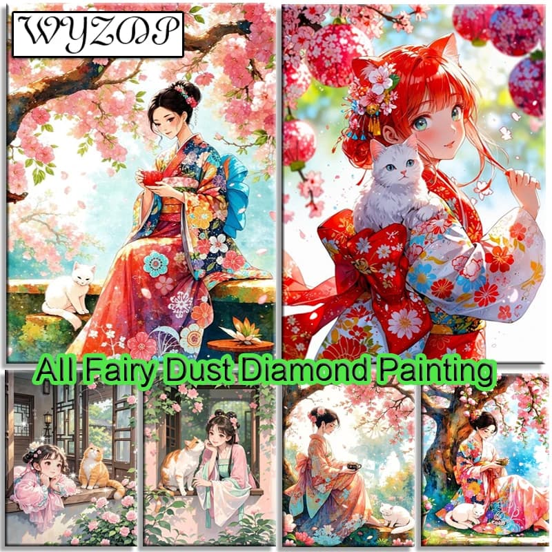 WYZDP 100% Fairy Dust Diamond Painting Japanese woman and cat Square Mosaic Embroidery Wall Art Diamond Art Full Crystal Decor