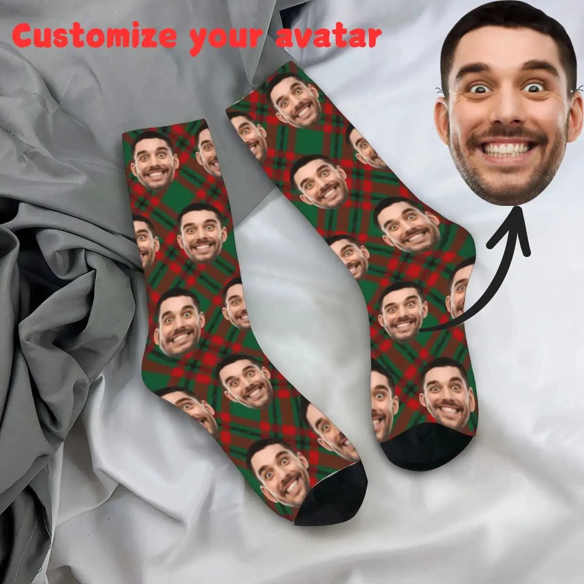 Personalized Christmas Gift Socks Custom Face Christmas Elements Red Stars Unique Red Lights for Family Friends Couples