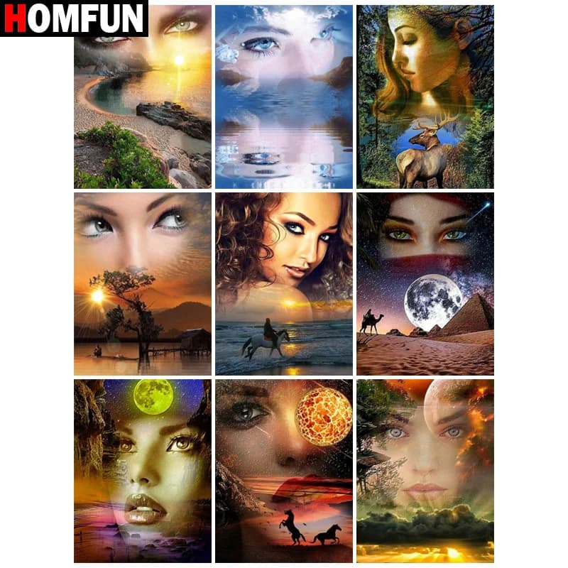 HOMFUN Full Diamond Embroidery "Portrait Beauty Lake" Diamond Painting Cross Stitch Patterns Rhinestone Unfinished Home Decor