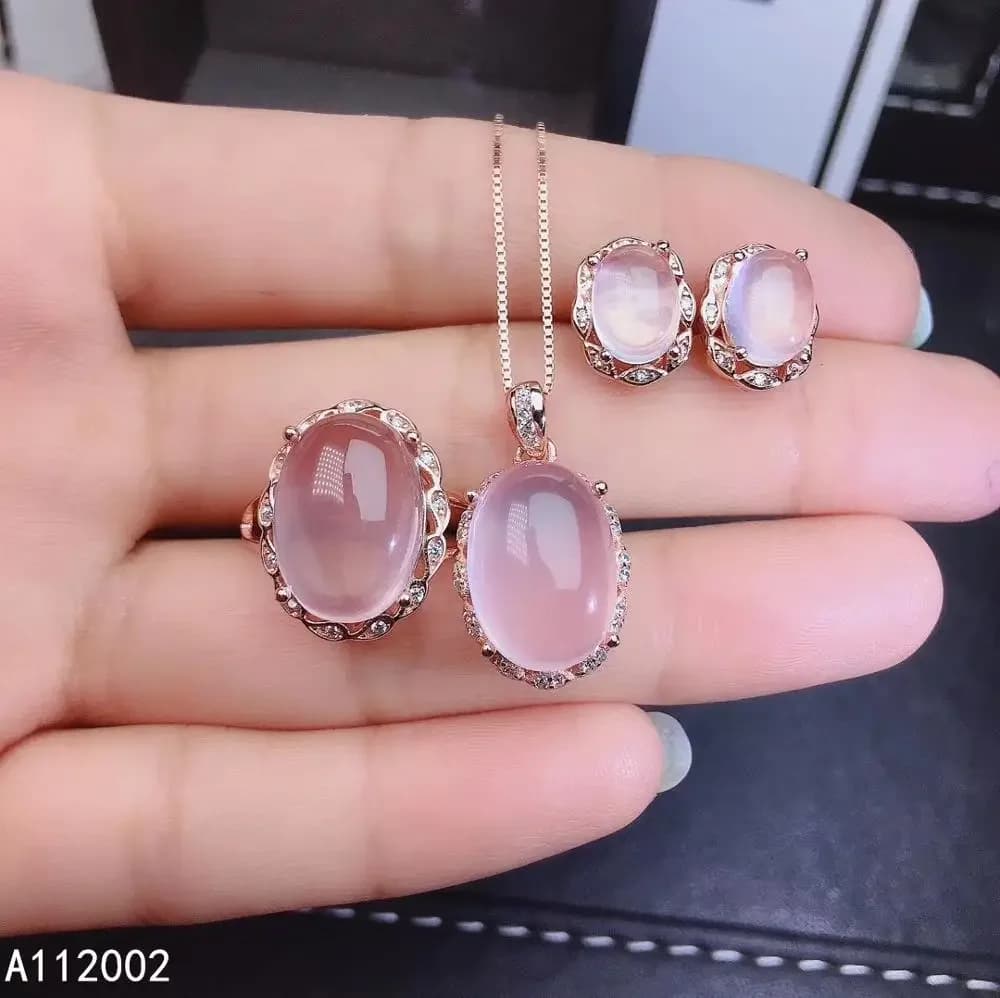 Set di orecchini pendenti con anello in pietra di ibisco di cristallo rosa naturale intarsiato in oro rosa placcato argento puro 925 per la fidanzata