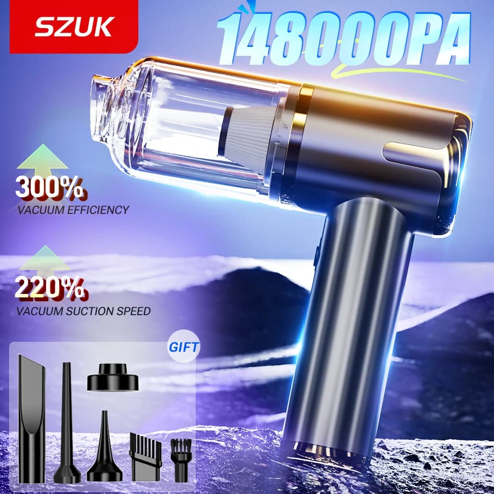 SZUK Aspirapolvere per auto 148000Pa Potente mini aspirapolvere Macchina per la pulizia Forte aspirazione Pulitore wireless portatile portatile