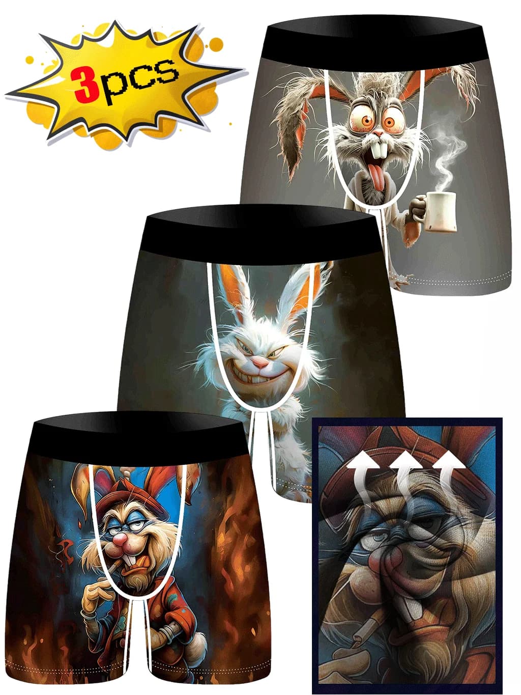 3Pcs Men Underwear Boxers Cunning Rabbit Print Man Boxershorts Breathable Men's Panties Lingerie Men Boxer Briefs Underpants