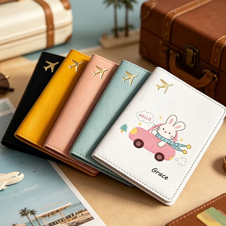 Custom Name Rabbit Cartoon Passport Holder, 6 Color Personalized Travel Pouch for Airplane Documents Protection