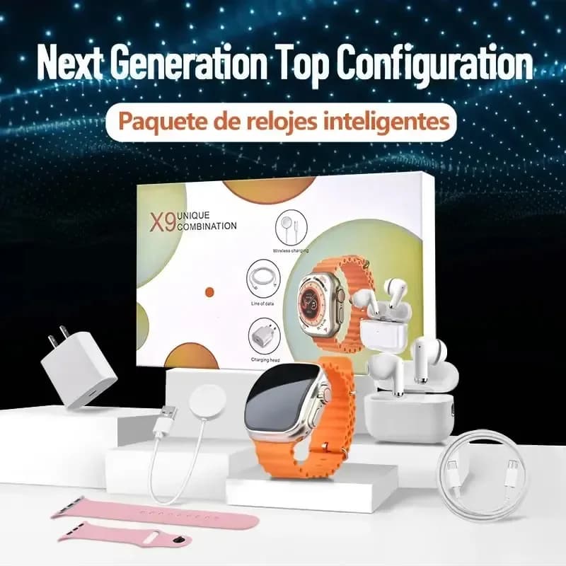 Set Smartwatch Premium 6-in-1 con Auricolari Wireless TWS, Caricatore Rapido 20W, Doppio Cinturino, Confezione Regalo Tecnologica di Lusso per Uomo e Donna