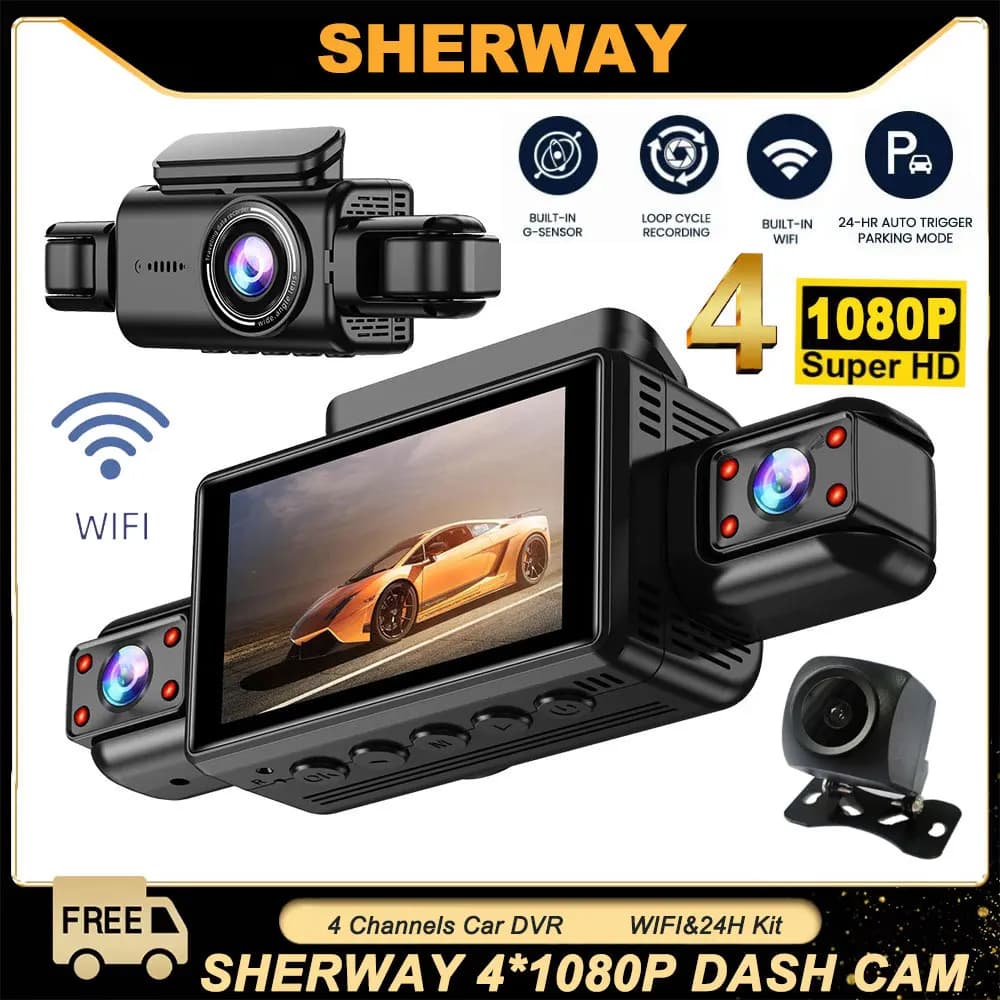 DVR per auto 4CH Wifi Dash Cam 4*1080P 360 ° Videocamera per auto su tutti i lati Dashcam a 4 obiettivi 24 ore su 24 Monitor per parcheggio Videoregistratore automatico per visione notturna