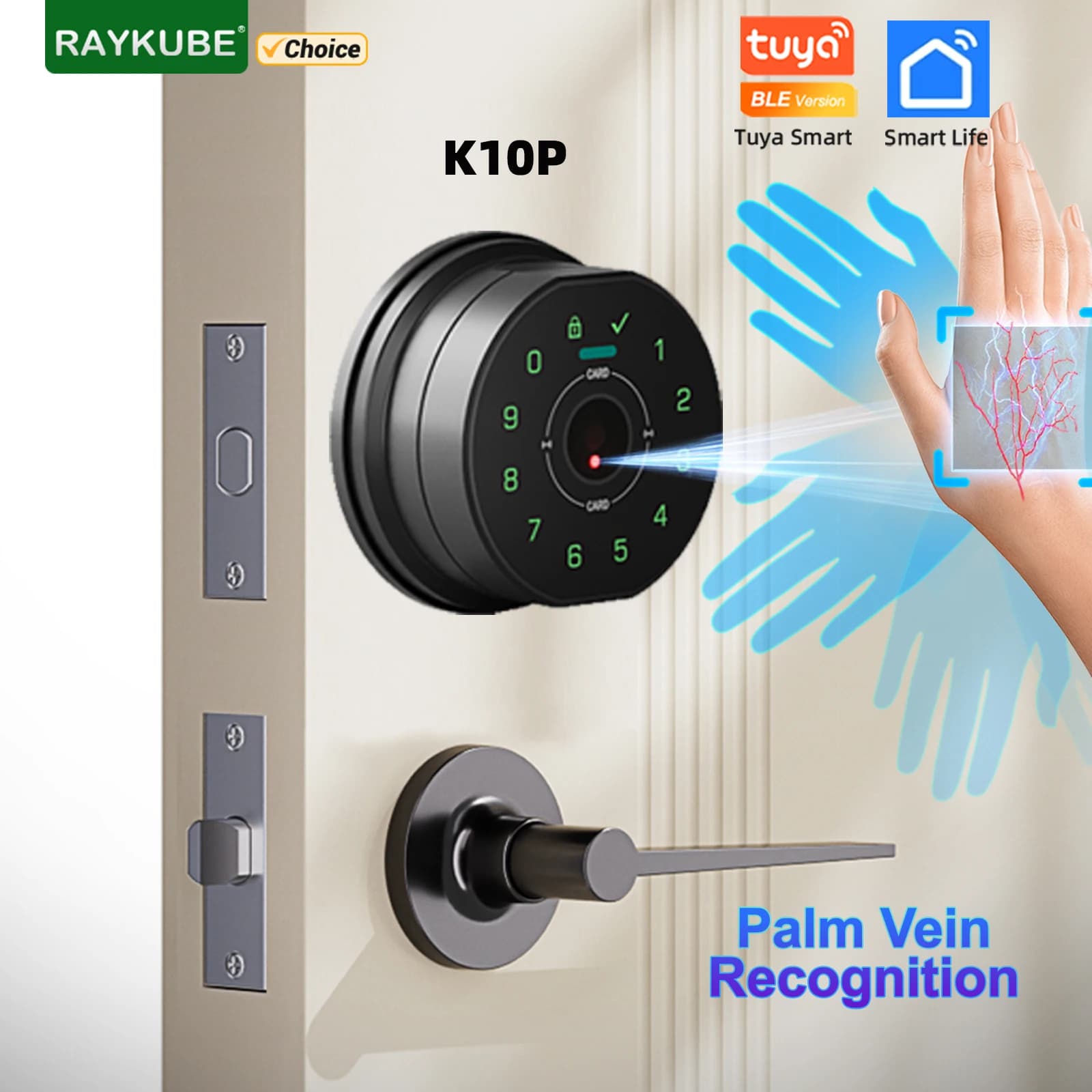 RAYKUBE K10P Tuya BLE Riconoscimento delle vene del palmo Serratura elettronica digitale con catenaccio intelligente con scheda IC/password/chiave/sblocco APP