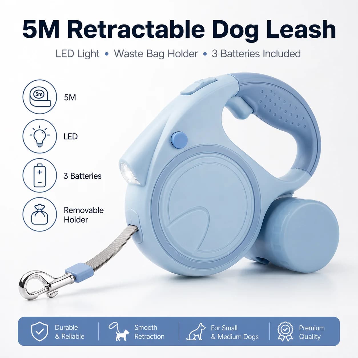 5M Retractable Dog Leash with LED Light, Automatic Dog Lead with Removable Waste Bag Holder, 3 Batteries Included