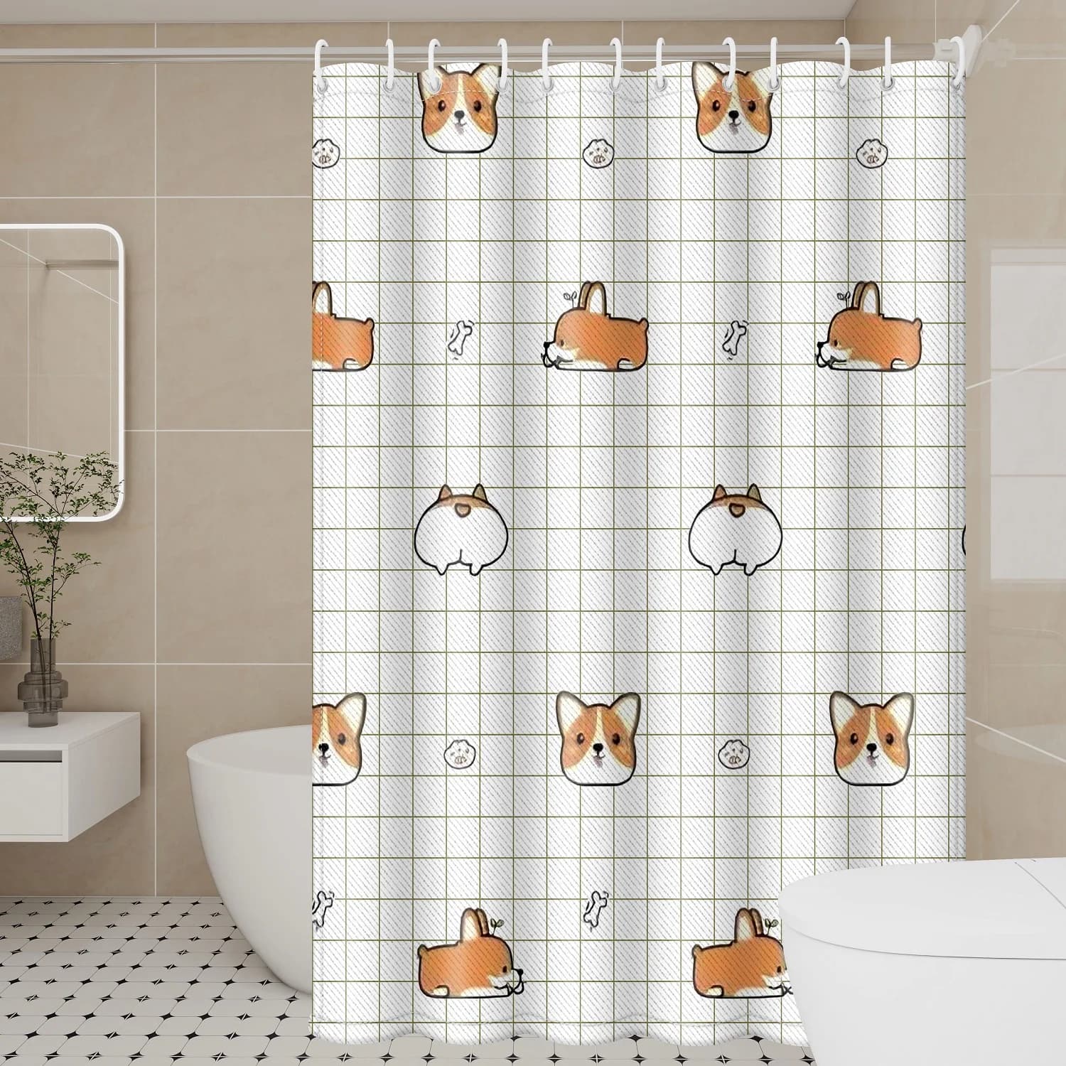 Tenda da doccia Corgi simpatico cartone animato - Poliestere giocoso per divertenti bagni amante dei cani