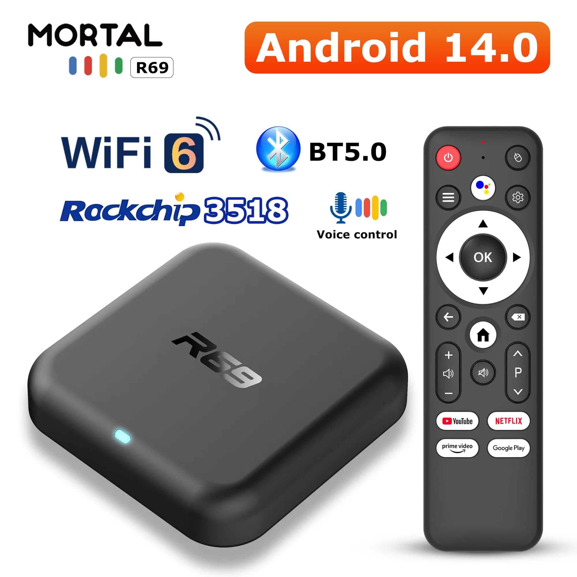 R69-1 Android 14 TV Box RK3518 8GB+128GB WiFi 6 4K Ultra HD Media Player with Google Voice Remote Control and Netflix Set Top Box