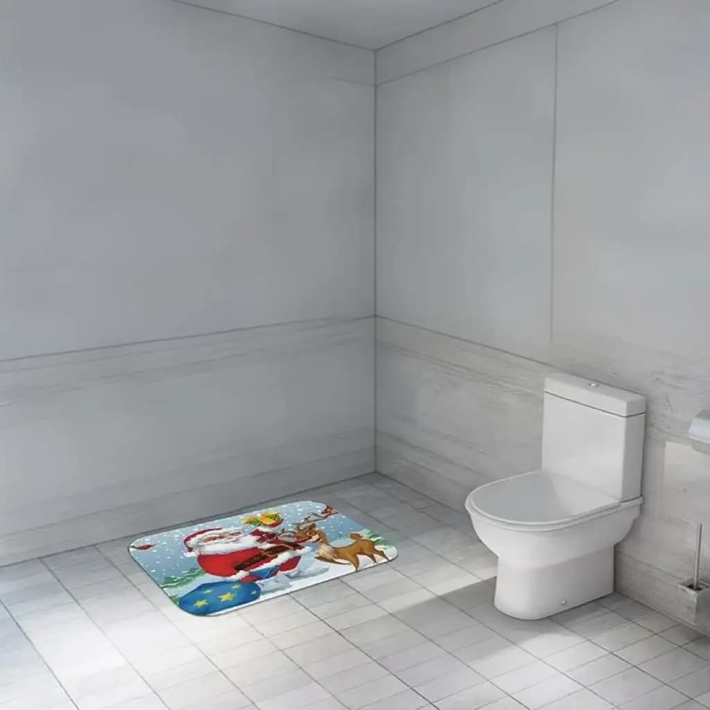 Santa Claus Reindeer Christmas Bath Mat, Cartoon Snowy Holiday Print Non Slip Absorbent Floor Rug, Soft Flannel Bathroom Doormat For Xmas Home Shower Room Decoration