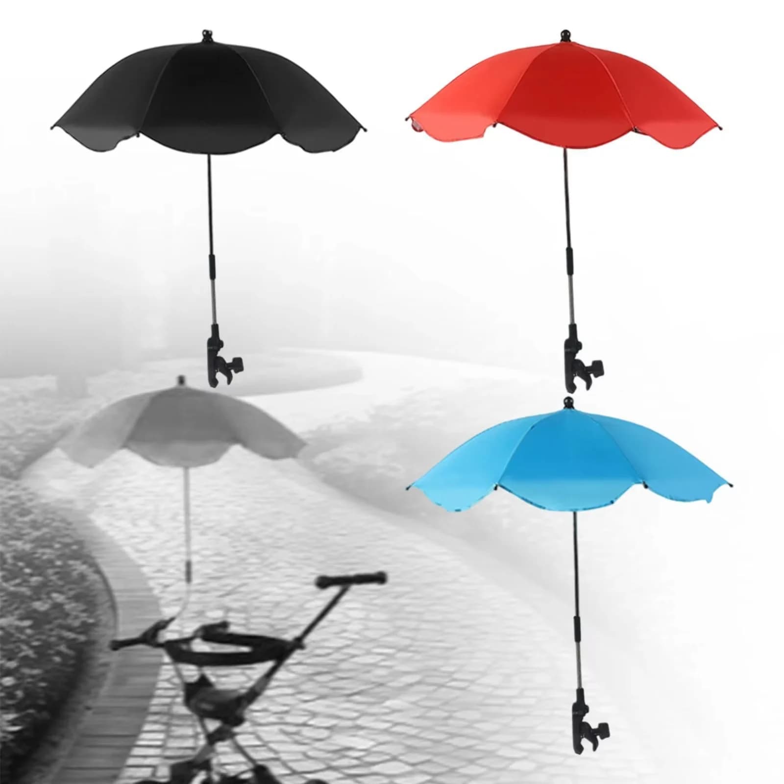 Ombrelloni per sedia da spiaggia Ombrello per passeggino, morsetto per ombrellone per passeggino per bambini regolabile 360 ° Resistente allo strappo per il patio da viaggio all'aperto