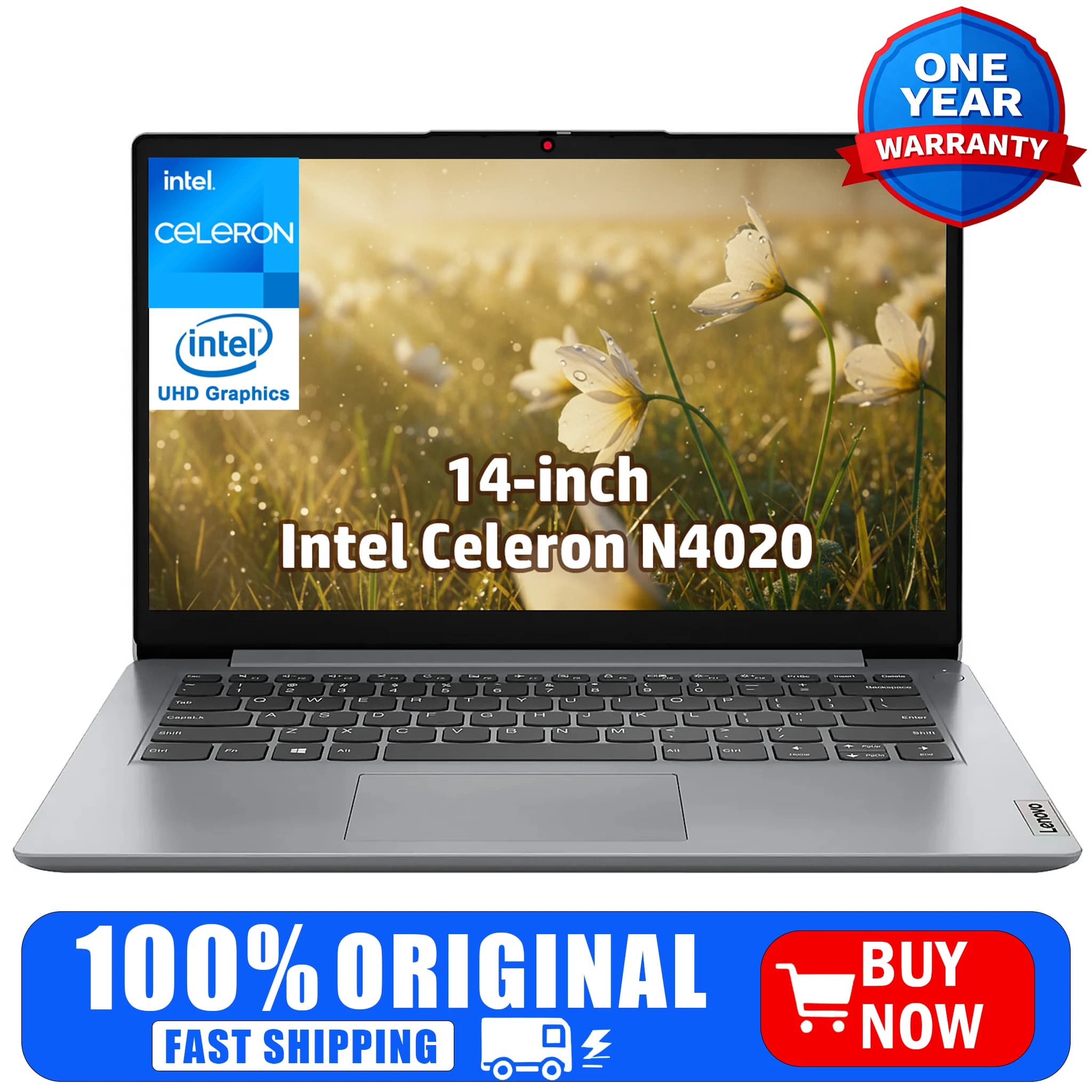 Laptop aziendale Lenovo da 14", Intel Celeron N4020, 4 GB di RAM, 384 GB di archiviazione (eMMC da 128 GB + scheda SD da 256 GB), grigio cloud