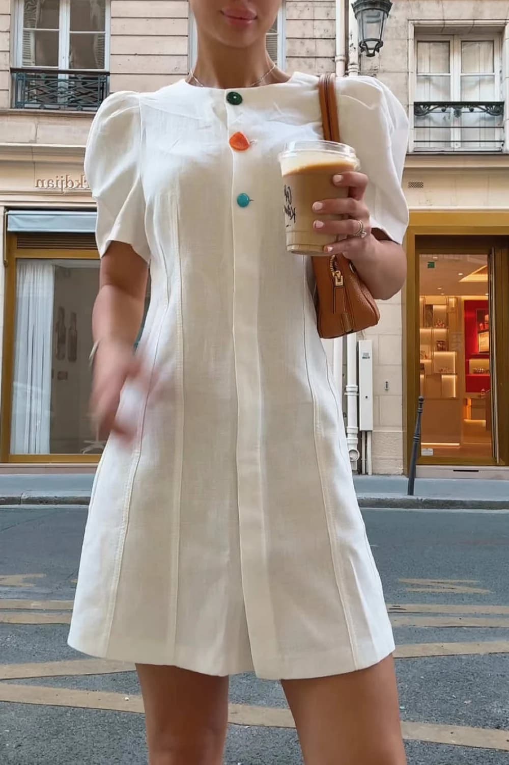 White Puff Sleeve Mini Dress Women Summer Colorful Buttons O Neck Short Sleeve Dress Elegant Slim A Line Vestidos Robe