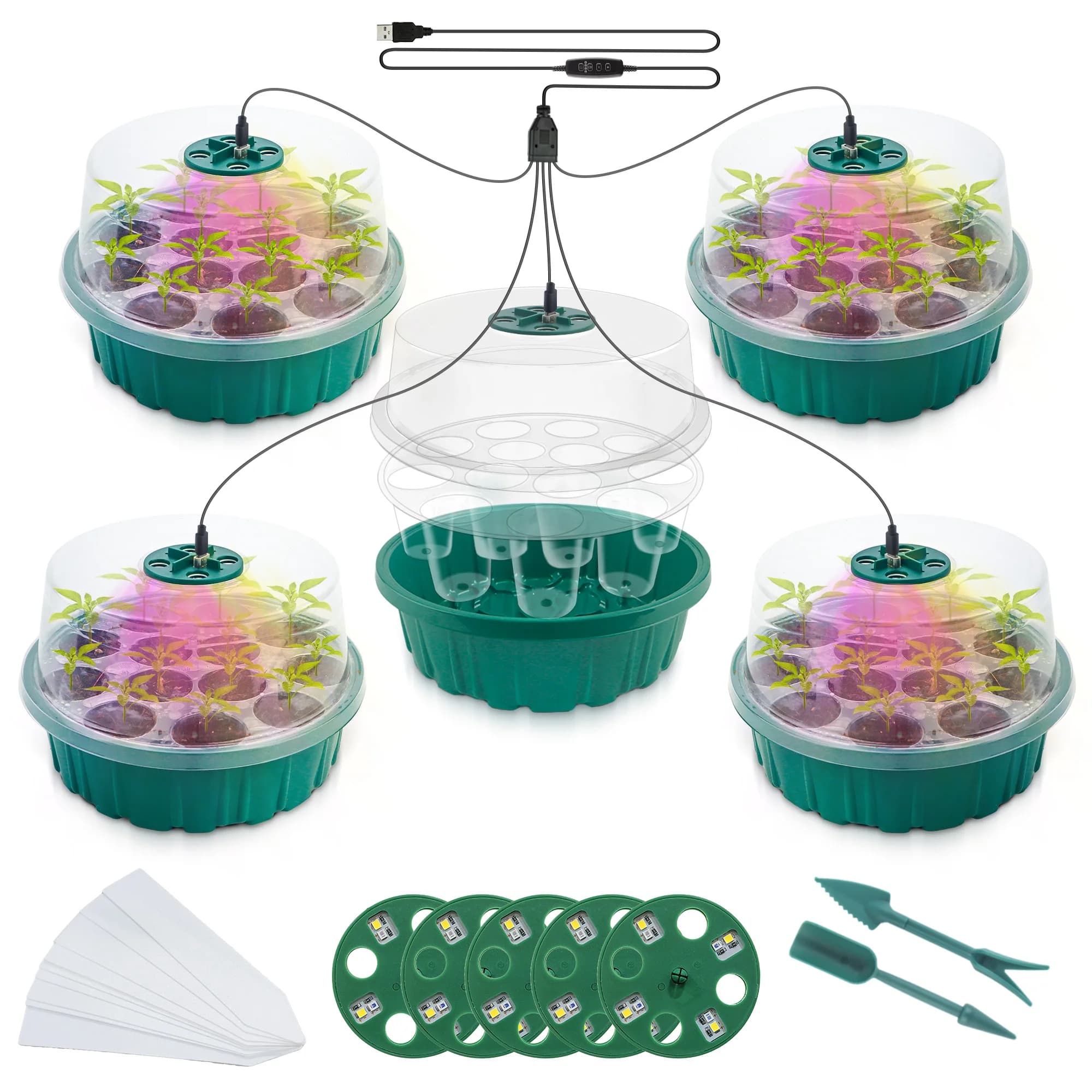 5 Pack Seed Starter Kit with Plant Grow Light, Germination Trays with Drainage Holes and Adjustable Humidity Domes, Timing Controller for Flowers Vegetables Fruits Seed Starting