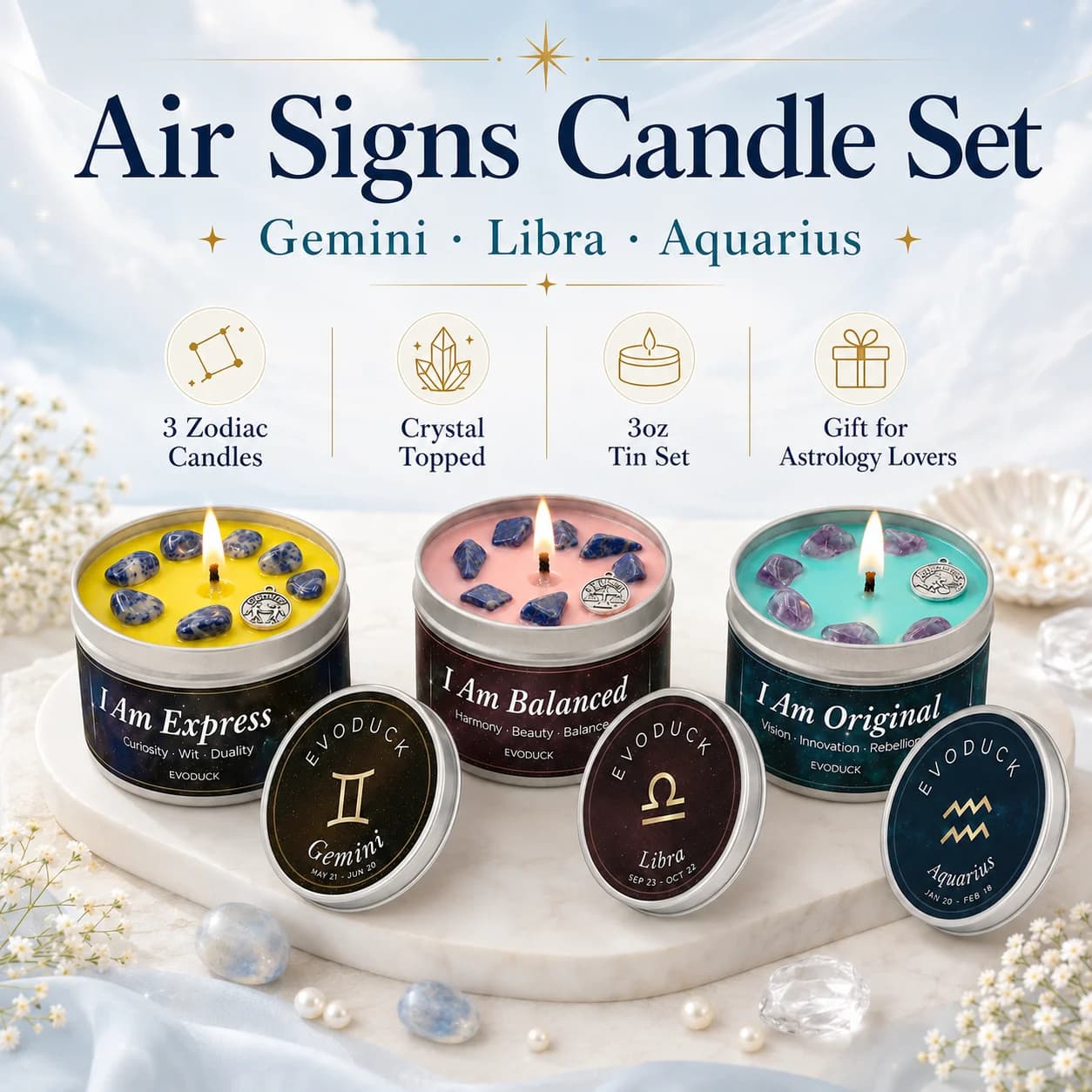 3PCS Air Signs Zodiac Candle Set, Gemini Libra Aquarius Crystal Scented Tin Candles Astrology Birthday Gift for Women Home Decor