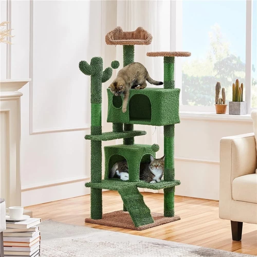 Albero per Gatti a Forma di Cactus, Torre da 138 cm con Rampa, Tettarella a Forma di Orecchie di Animale, Tiragraffi, Piattaforma e Palla Sospesa, Multi-Livello