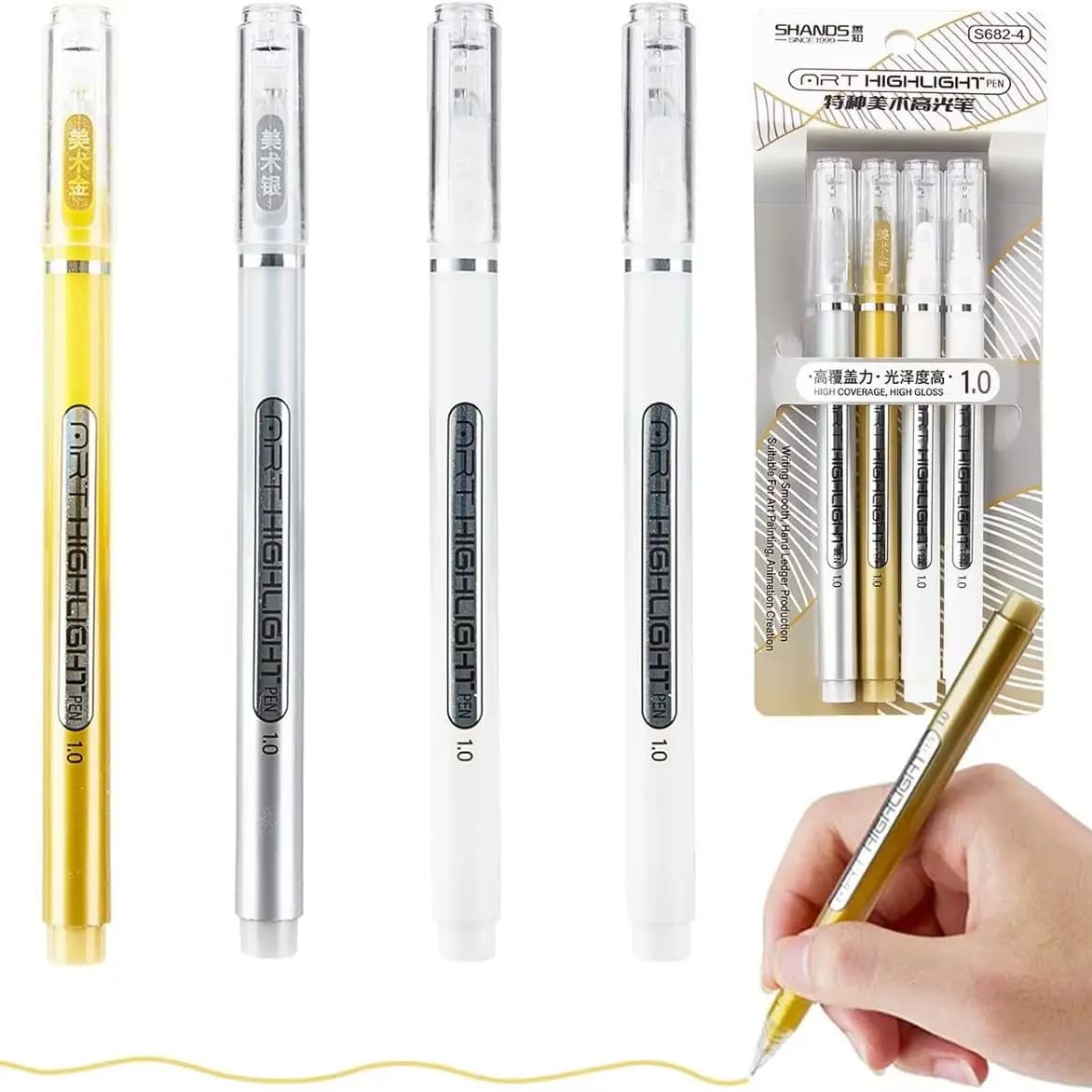 4PCS Metallic Gel Pen Set Gold Silver White 1mm Fine Point Smooth Writing Drawing Scrapbooking Card Making