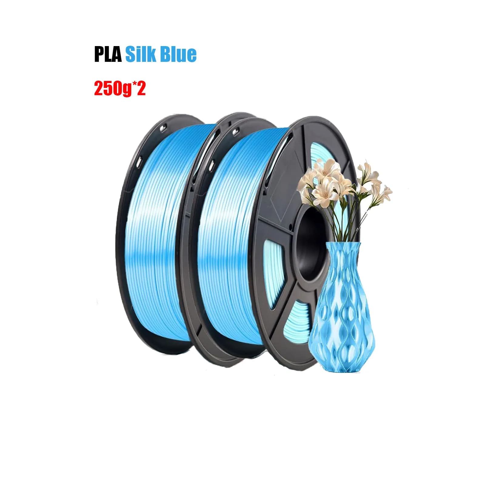 Silk Filament for 3D Printer, 1,75 mm gloss silk PLA filament, smooth and silky surface, great for 3D printing, 500 g/250 g blue