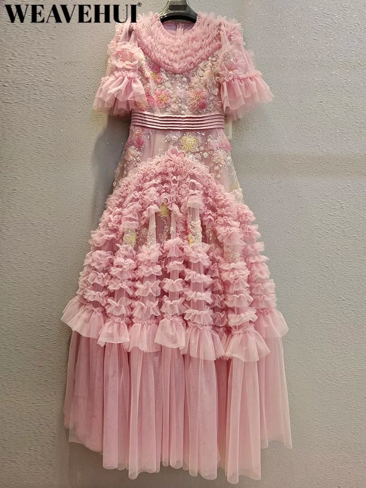 WEAVEHUI Wome Vintage O-Neck Flare Sleeves Beading Sequins Spring Summer Mesh Big pendulum Maxi Dresses