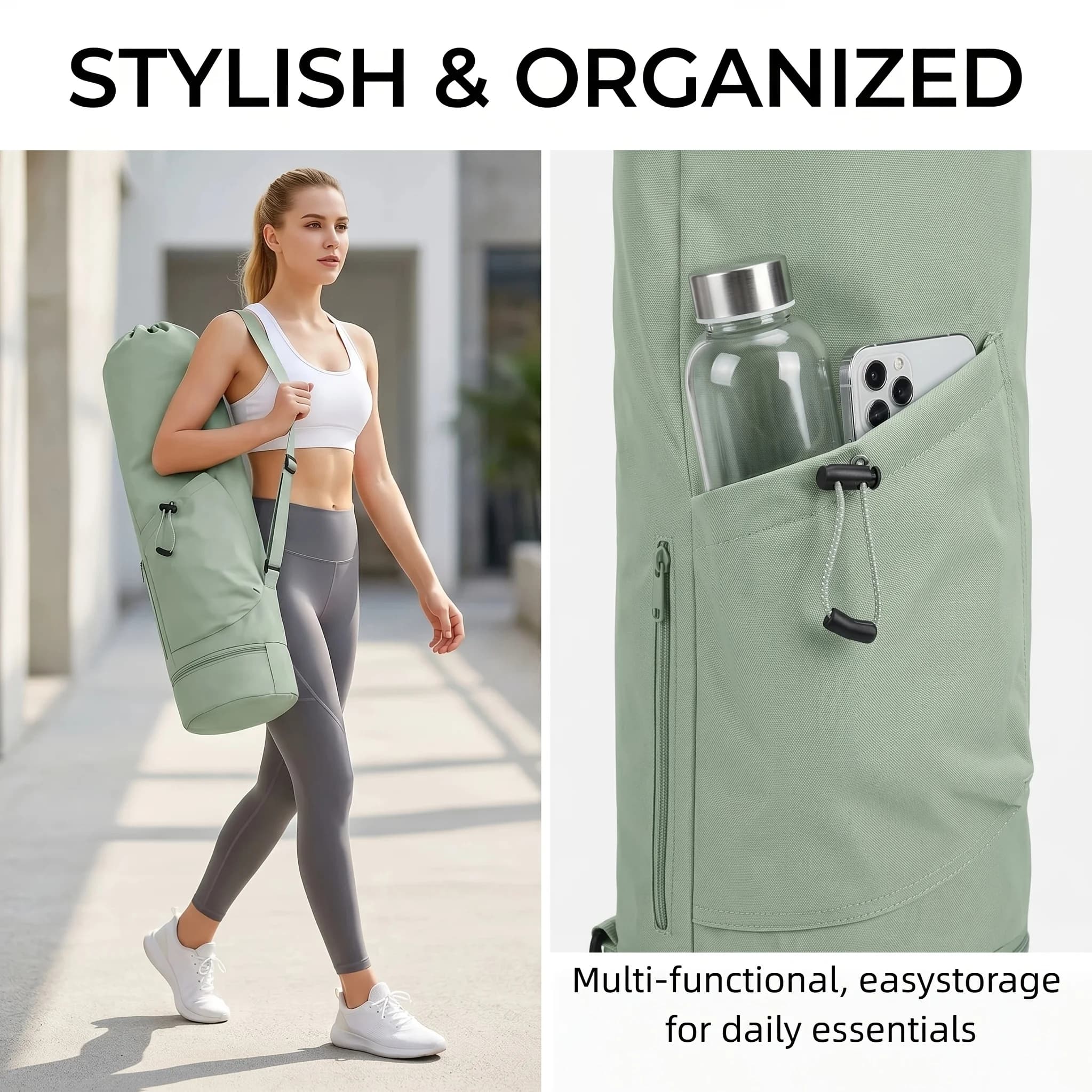 Yoga mat bag with strap, water bottle pocket, bottom pocket, and multifunctional storage bag for sports use.