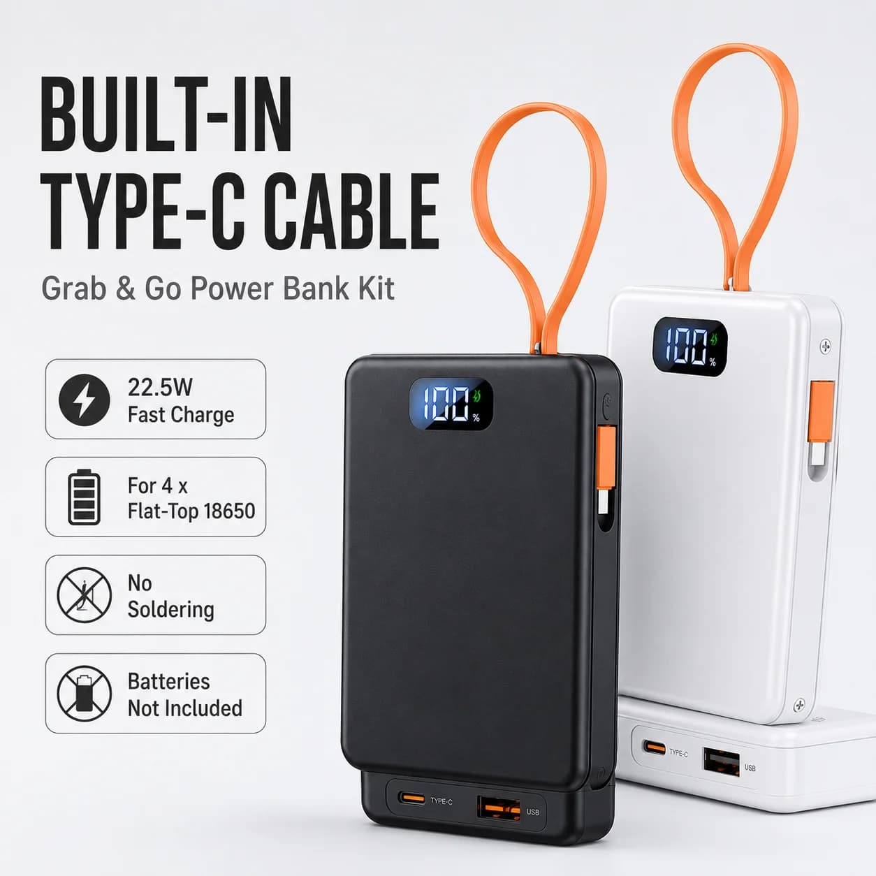 DIY 4x18650 Power Bank Case Battery Not Included 22.5W Fast Charge Built-in Type-C Cable No Soldering Kit